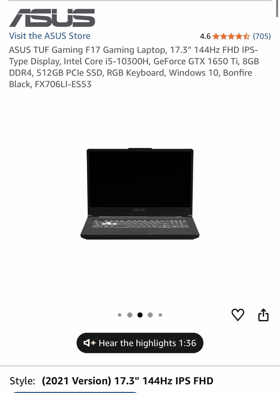 ASUS TUF Gaming F17 17.3in 144Hz i5-10300H 8GB 512GB GTX1650Ti W10