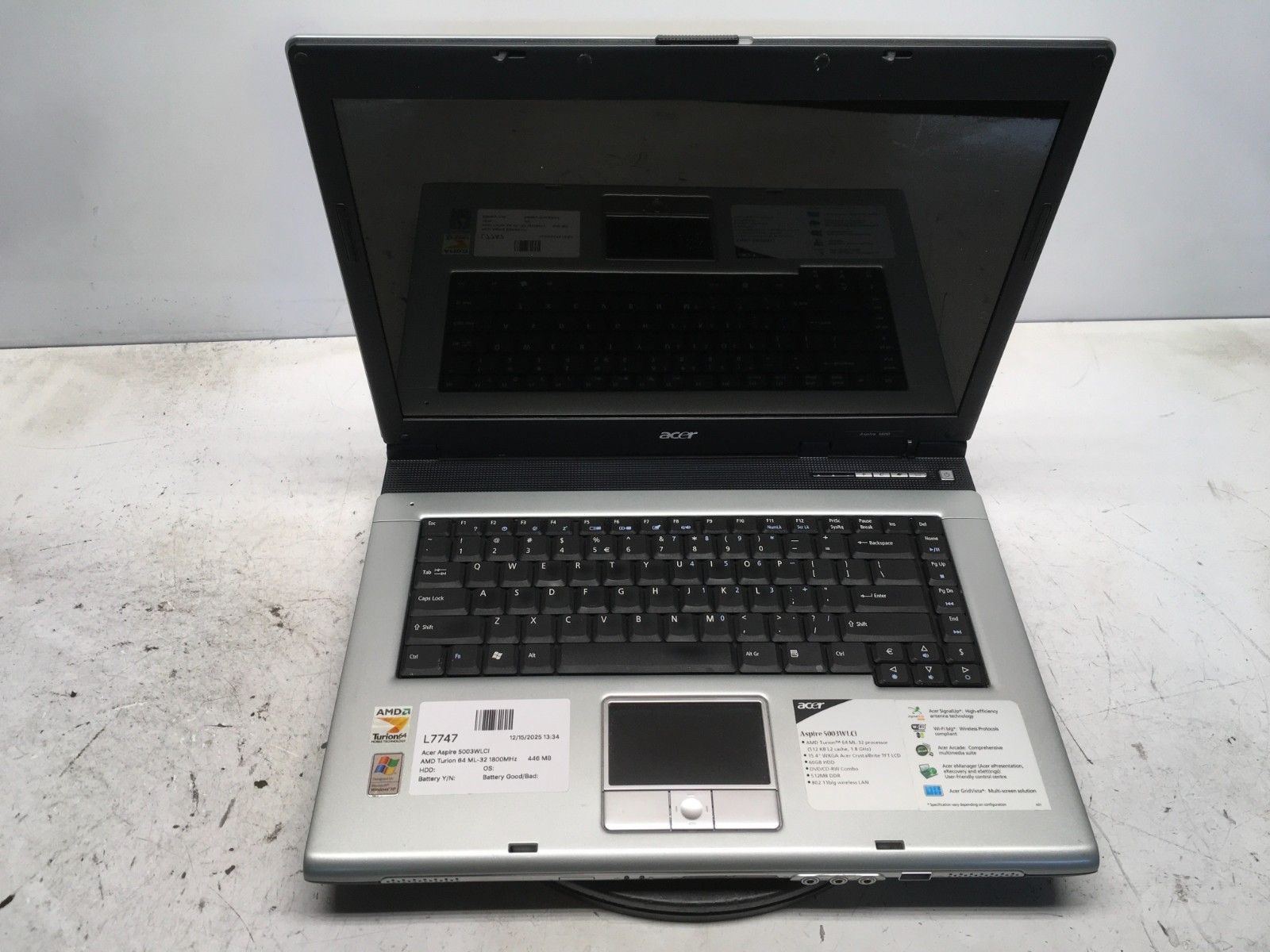 Acer Aspire 5003WLCi AMD Turion 64 ML-32 1800MHz 446 MB NO HDD