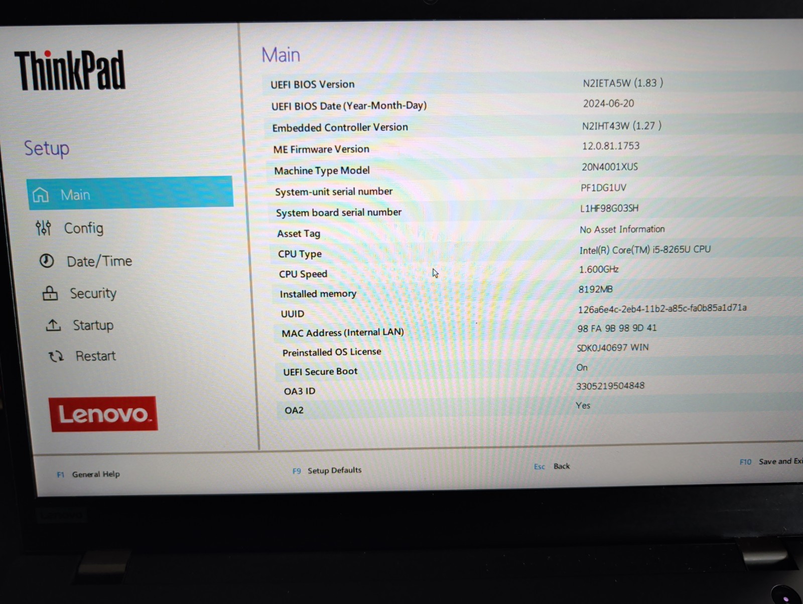 LENOVO THINKPAD T590 i7-8665U @ 1.90GHz, 8GB RAM, NO HDD/OS