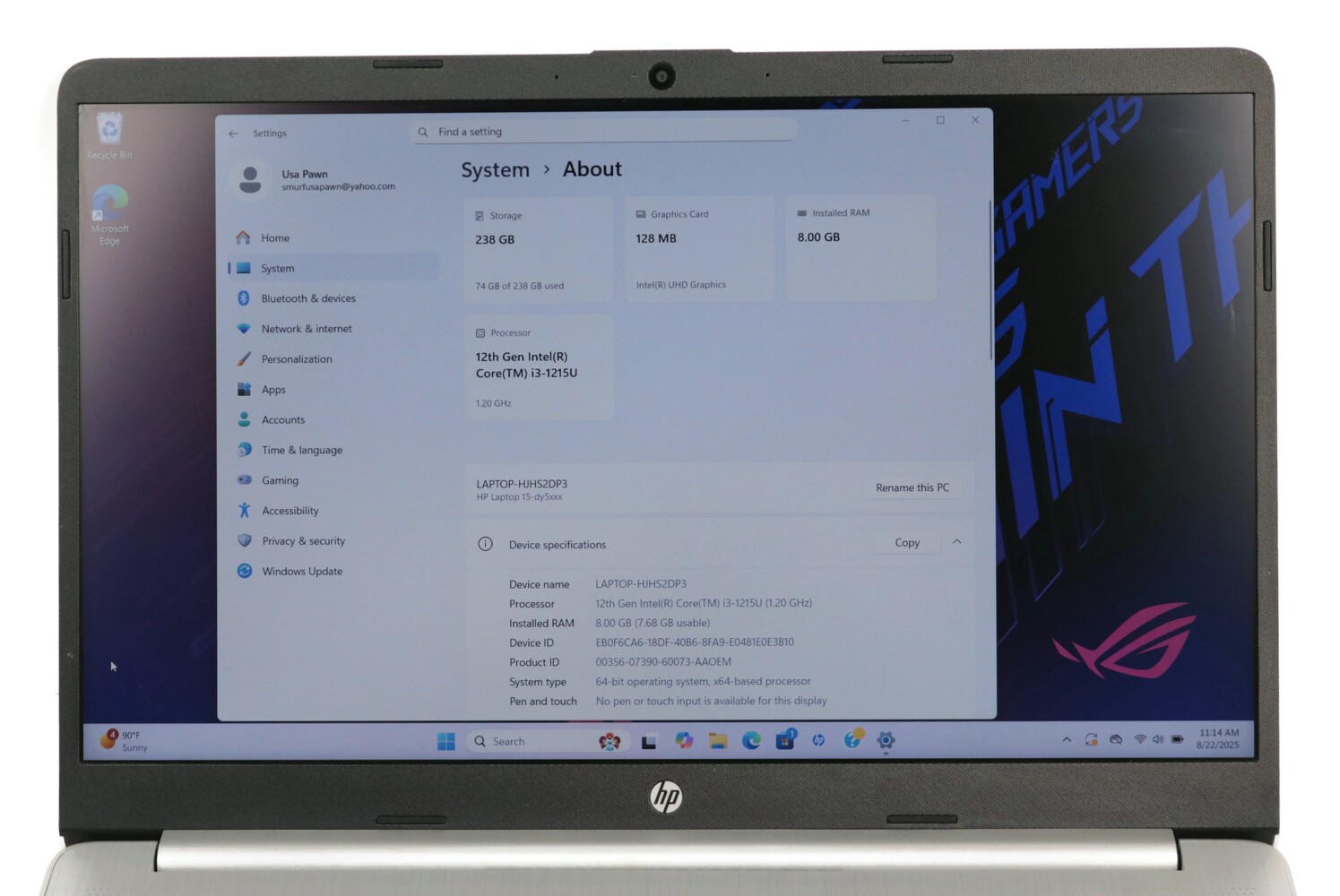 HP Win11 Laptop w Charger, 15-DY5131WM, 256gb SSD, 8gb, Intel Core i3 1.20GHz