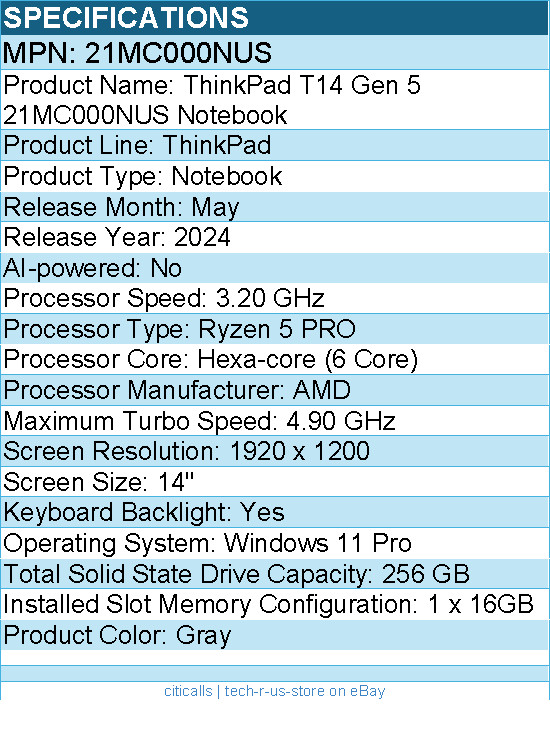 Lenovo 21MC000NUS ThinkPad T14 Gen 5 14″ Notebook – AMD Ryzen 5