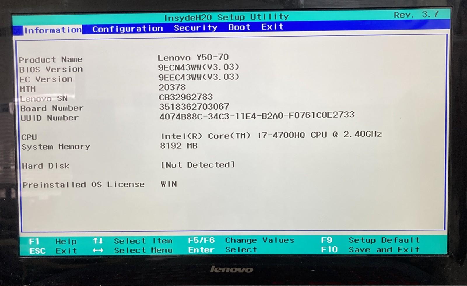 LENOVO Y50-70 i7-4700H 2.40 GHz, no RAM, NO HDD/OS boot to BIOS