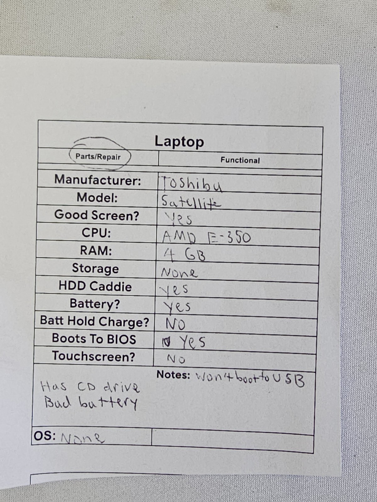 Toshiba Satellite C650D Laptop – AMD E-350 – 4GB RAM – NO HDD/OS – Parts – READ