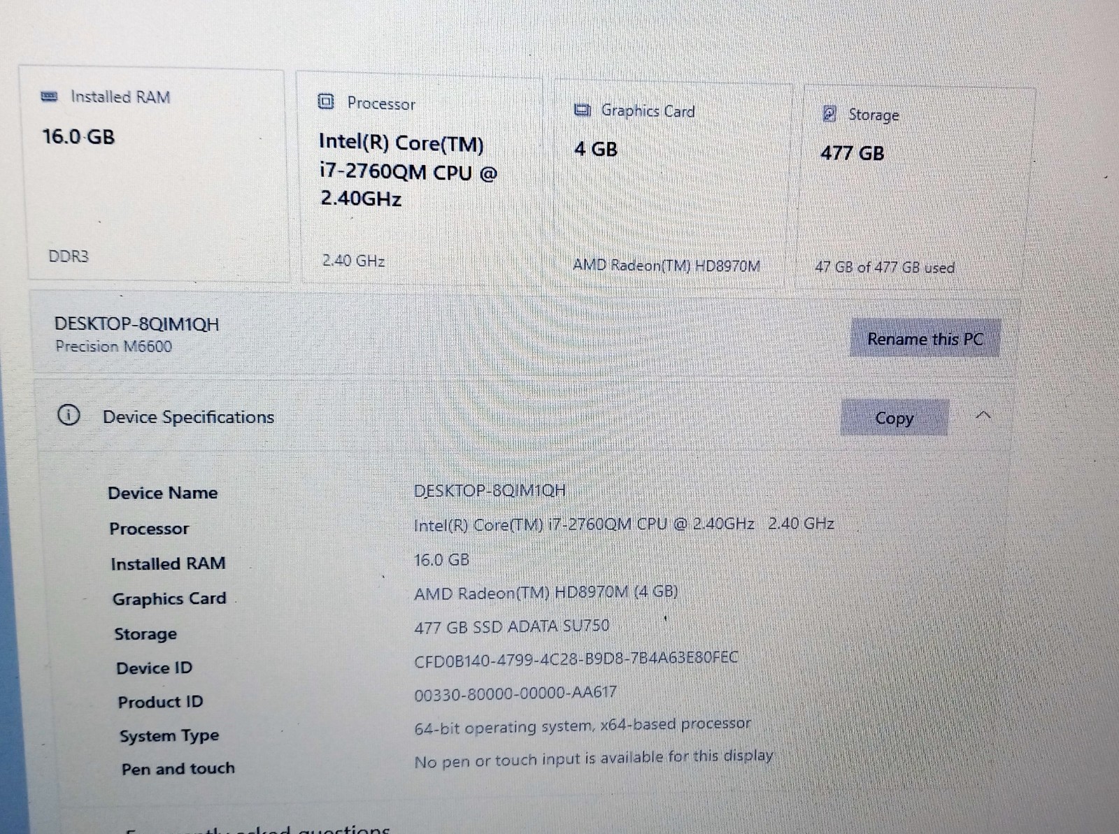 Dell Precision M6600 laptop Intel I7-2760qm 2.4-3.5Ghz 16GB ram 512GB AMD M290X