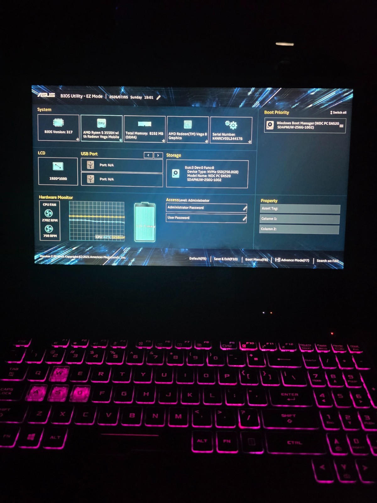 Used ASUS TUF Gaming Laptop FX505D, AMD R5 3550H, 256GB, SSD, 8GB DDR4,