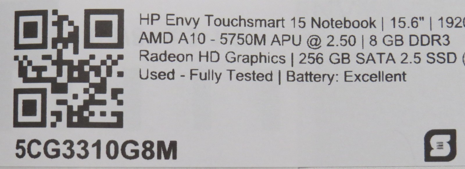 HP Envy TS A10-5750M @ 2.5Ghz 8GB DDR3 256 GB SSD 15.6″ No OS/AC