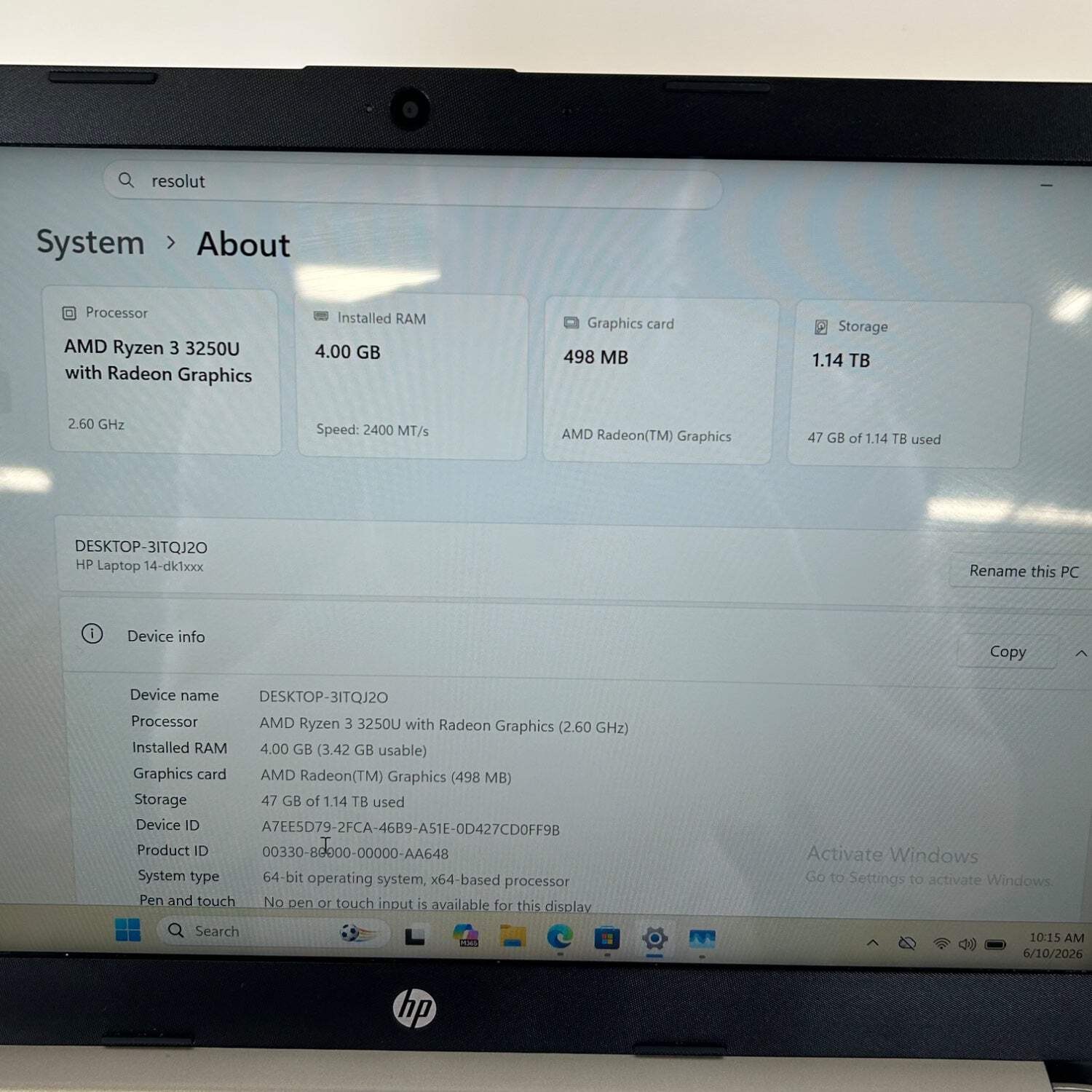HP Laptop 14-DK1035WM 14″ Ryzen 3 3250U 2.6GHz 4GB RAM 256GB SSD 1TB HDD