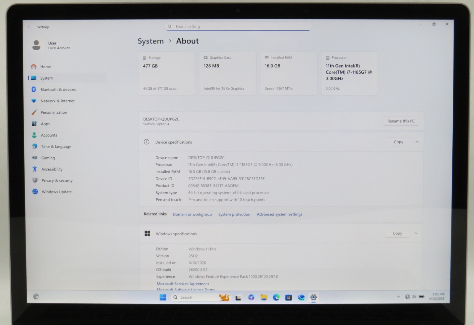 Microsoft Surface Laptop 4 i7-1185G7 |16GB DDR4 RAM | 512GB HDD | Win11 Pro w/AC