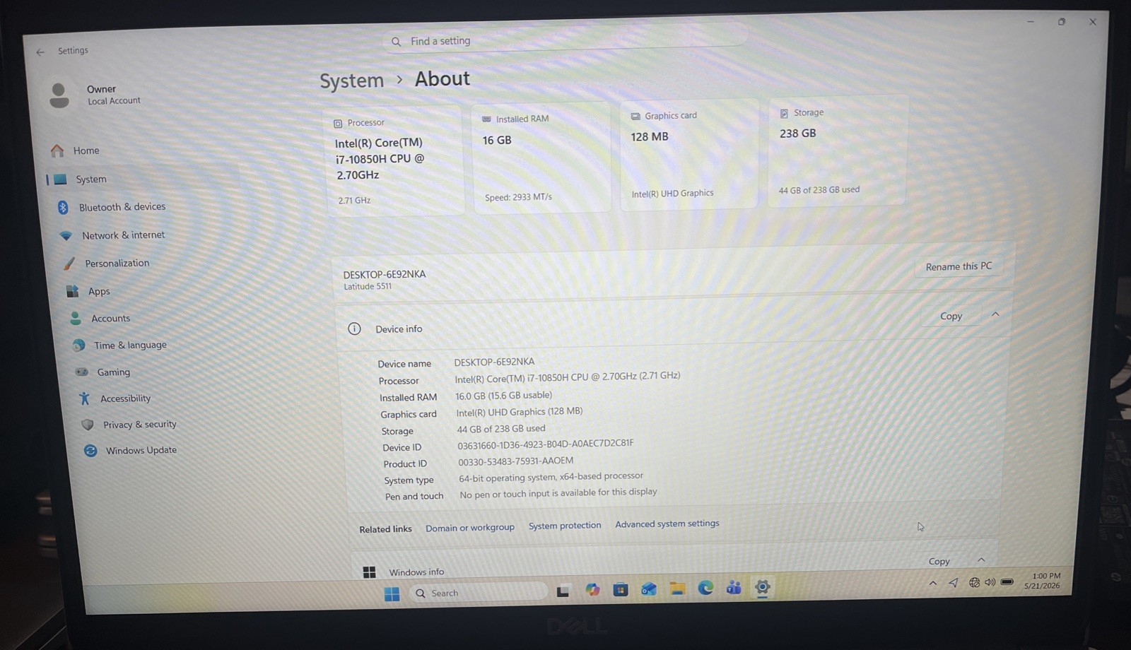 Dell Latitude 5511 i7-10850H@2.70GHz, 16GB RAM, 256GB M2, Win 11 Pro *READ*