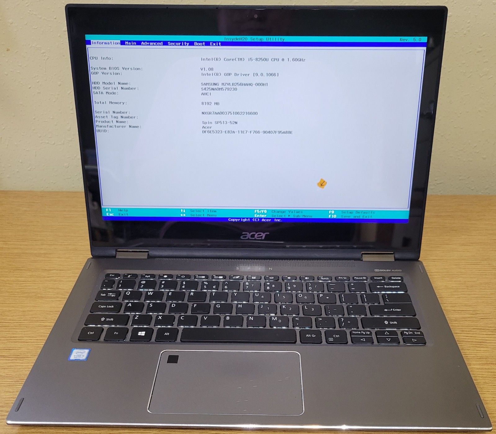 ACER Spin SP513-52N i5-8250U 1.60GHz 8GB 256GB NVMe 360Touch No OS/HDD