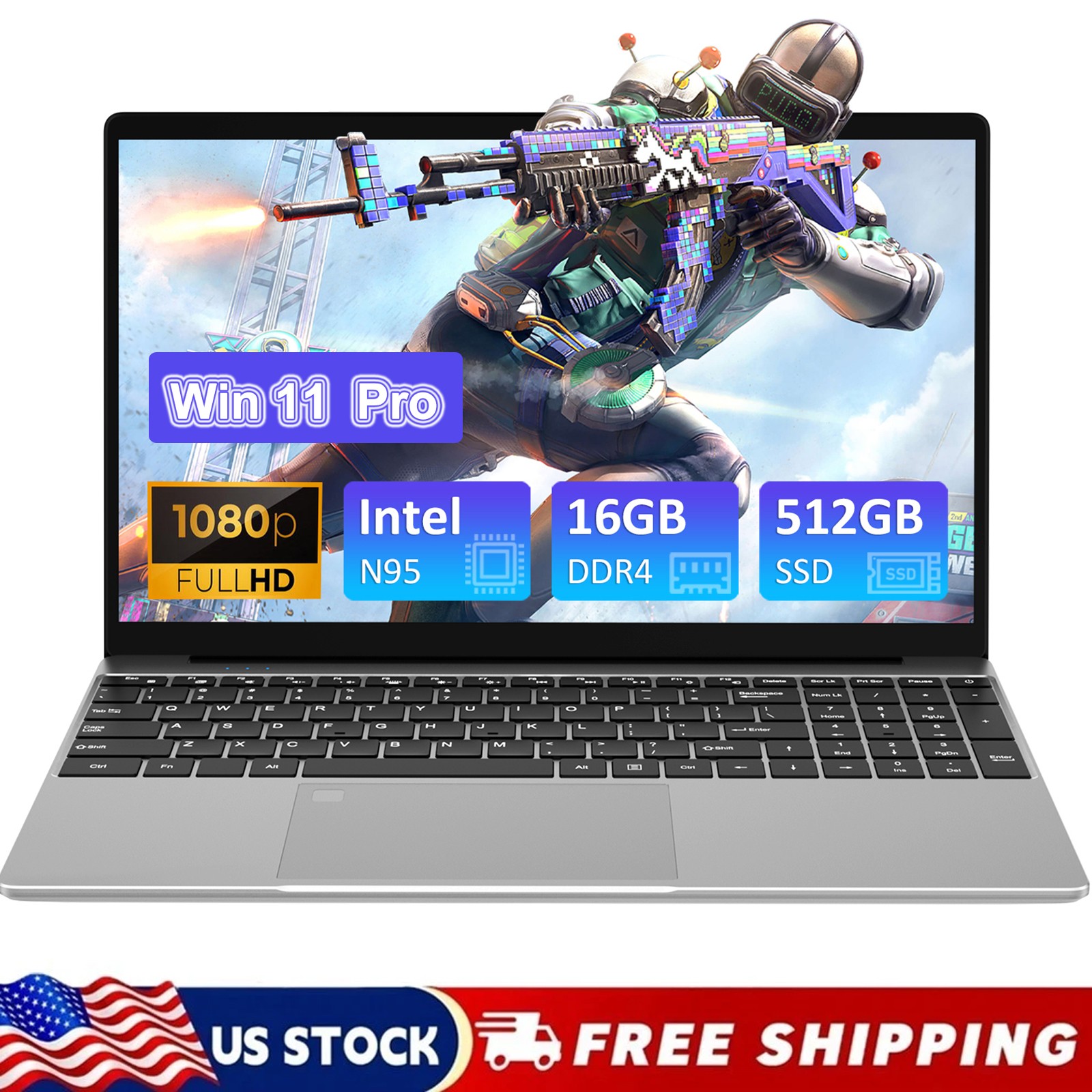 15.6″ Laptop Computer 4 Core N95 16GB+512GB Support Fingerprint, WiFi 5, BT 5.0