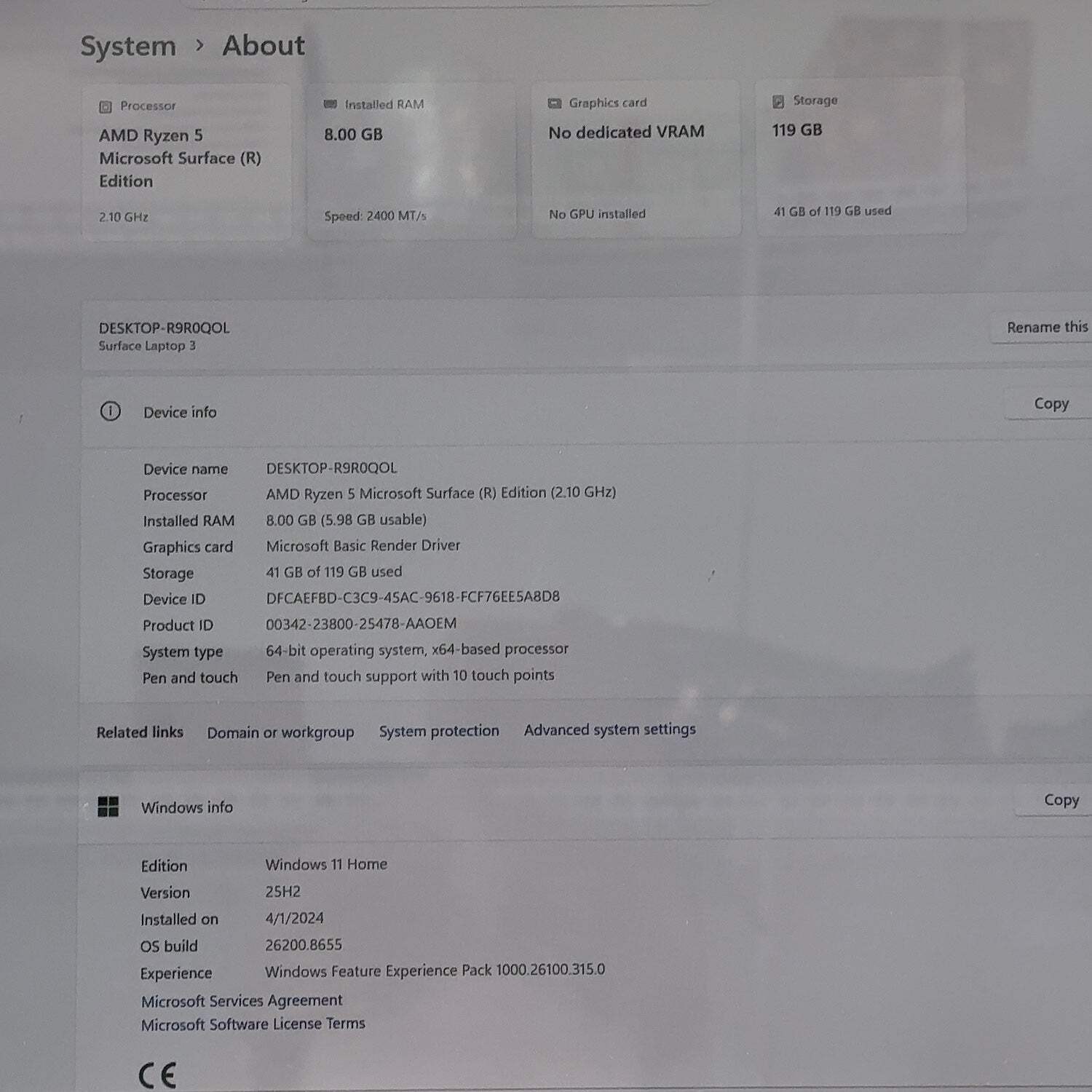 Broken Microsoft Surface Laptop 3 1873 15″ Ryzen 5 Surface Edition 2.1GHz 128GB