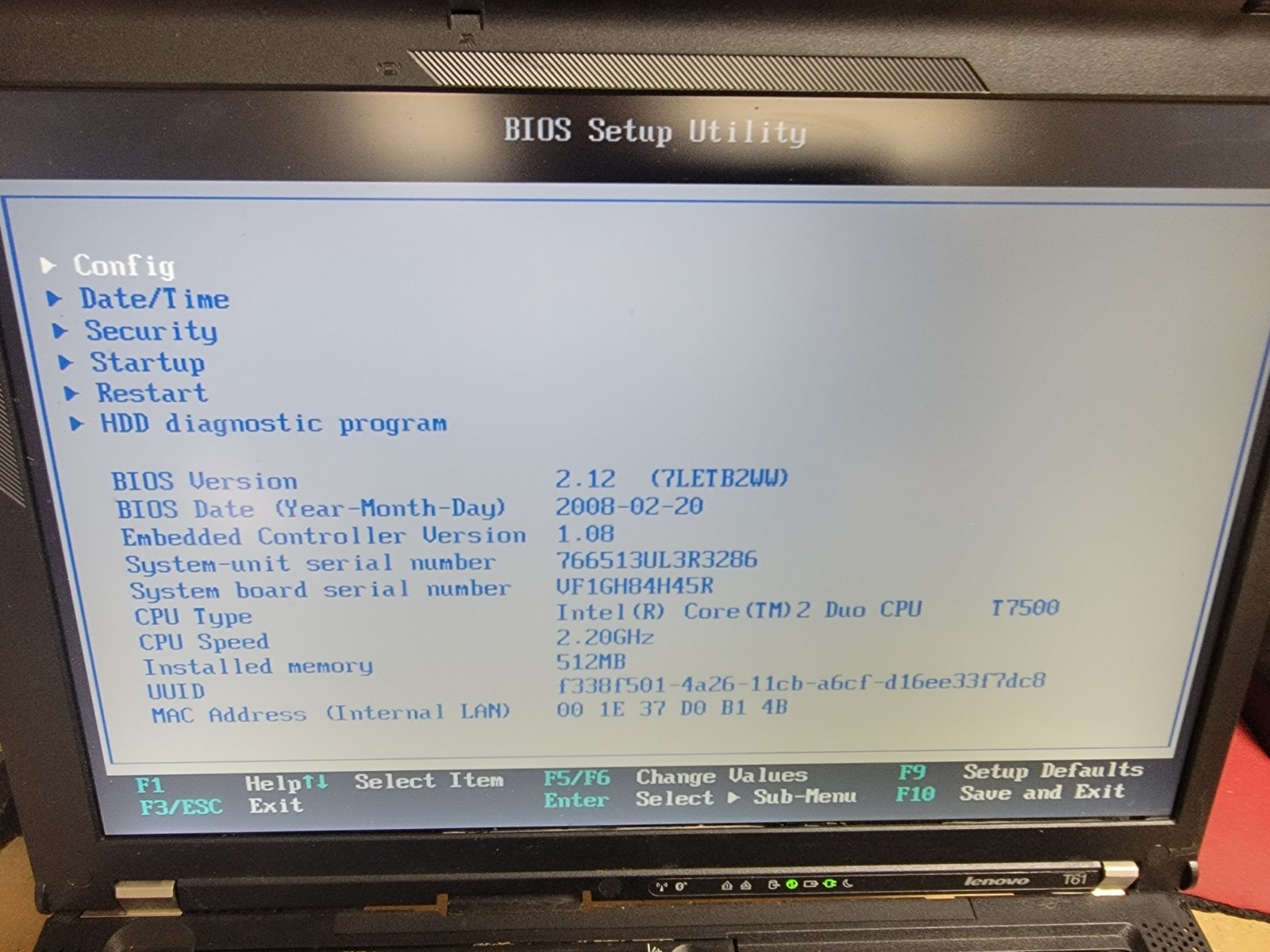 Lenovo T61 LAPTOP – INTEL CORE 2 DUO – 512MB RAM – PARTS ONLY – SEE DESCRIPTION