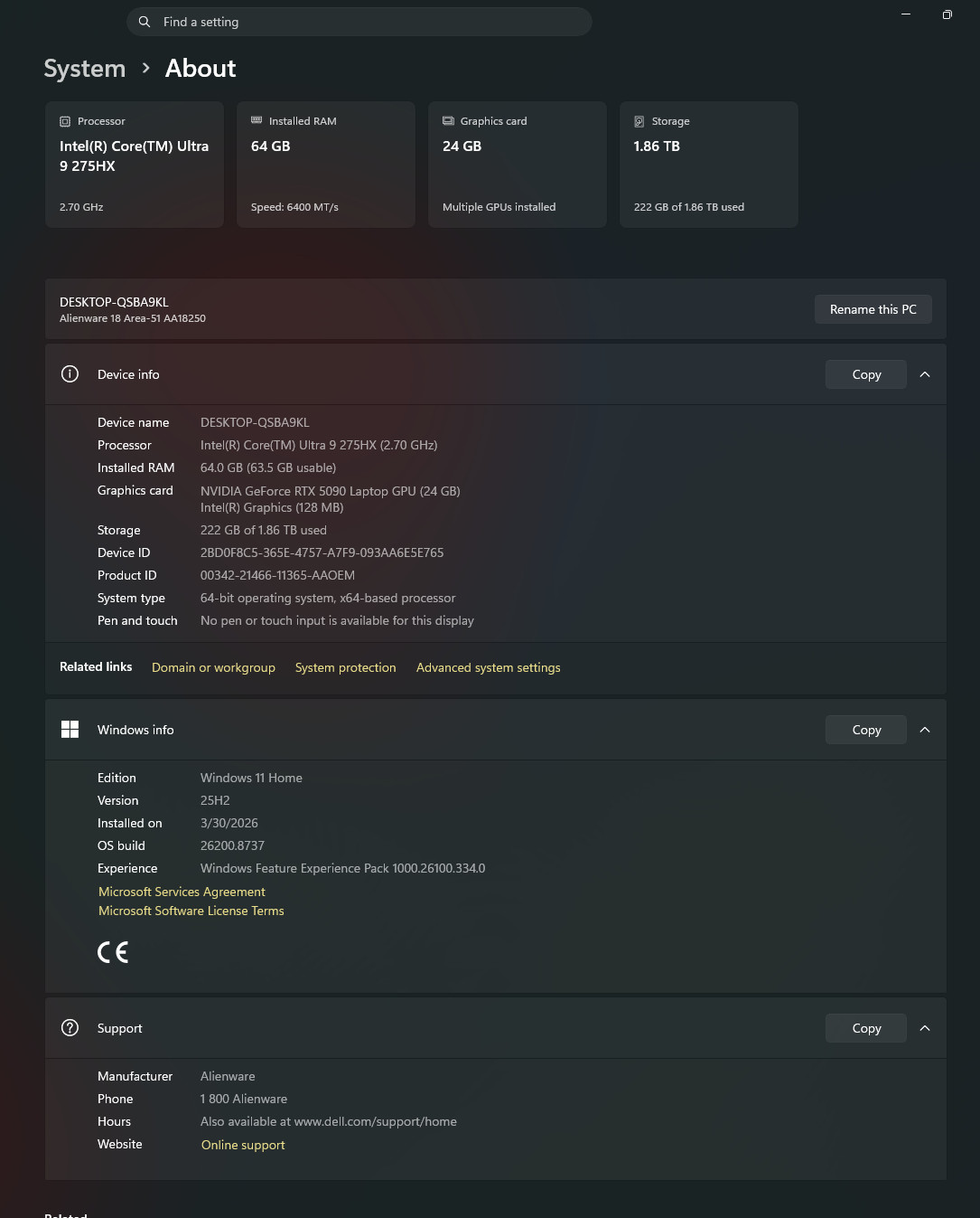 Alienware Area-51 18 18in QHD+ Core Ultra 9 275HX 64GB 2TB RTX 5090 USED GOOD