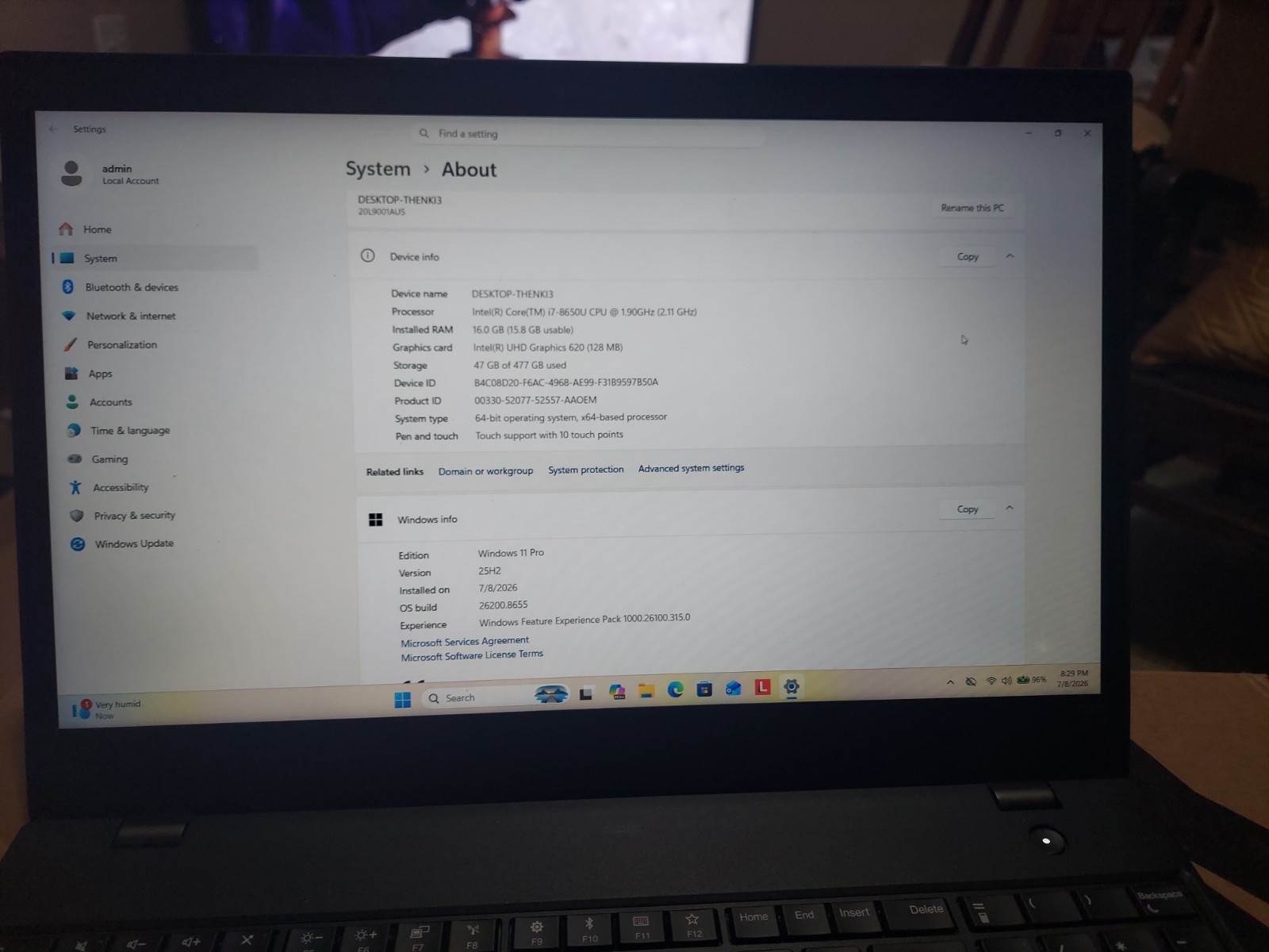 Lenovo ThinkPad T580 15.6″ Core i7-8650U 1.90GHz 16GB RAM 500GB SSD WIN 11 PRO