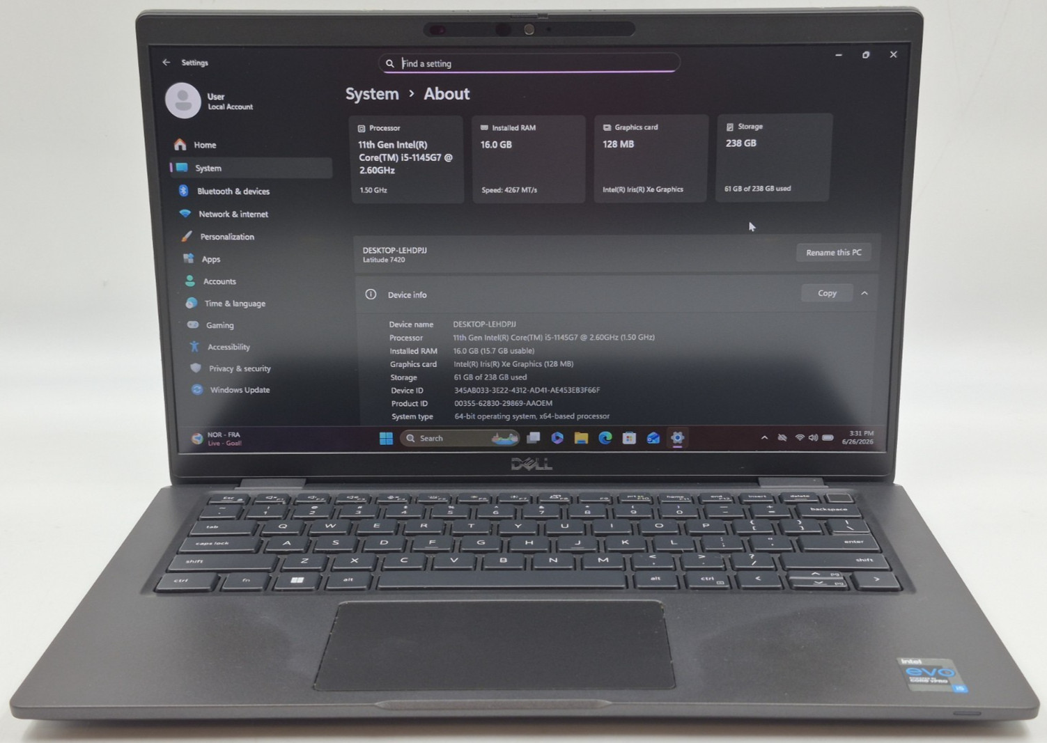 Dell Latitude 7420 Laptop i5-1145G7 2.60GHz 16GB RAM 256GB NVMe SSD W11P