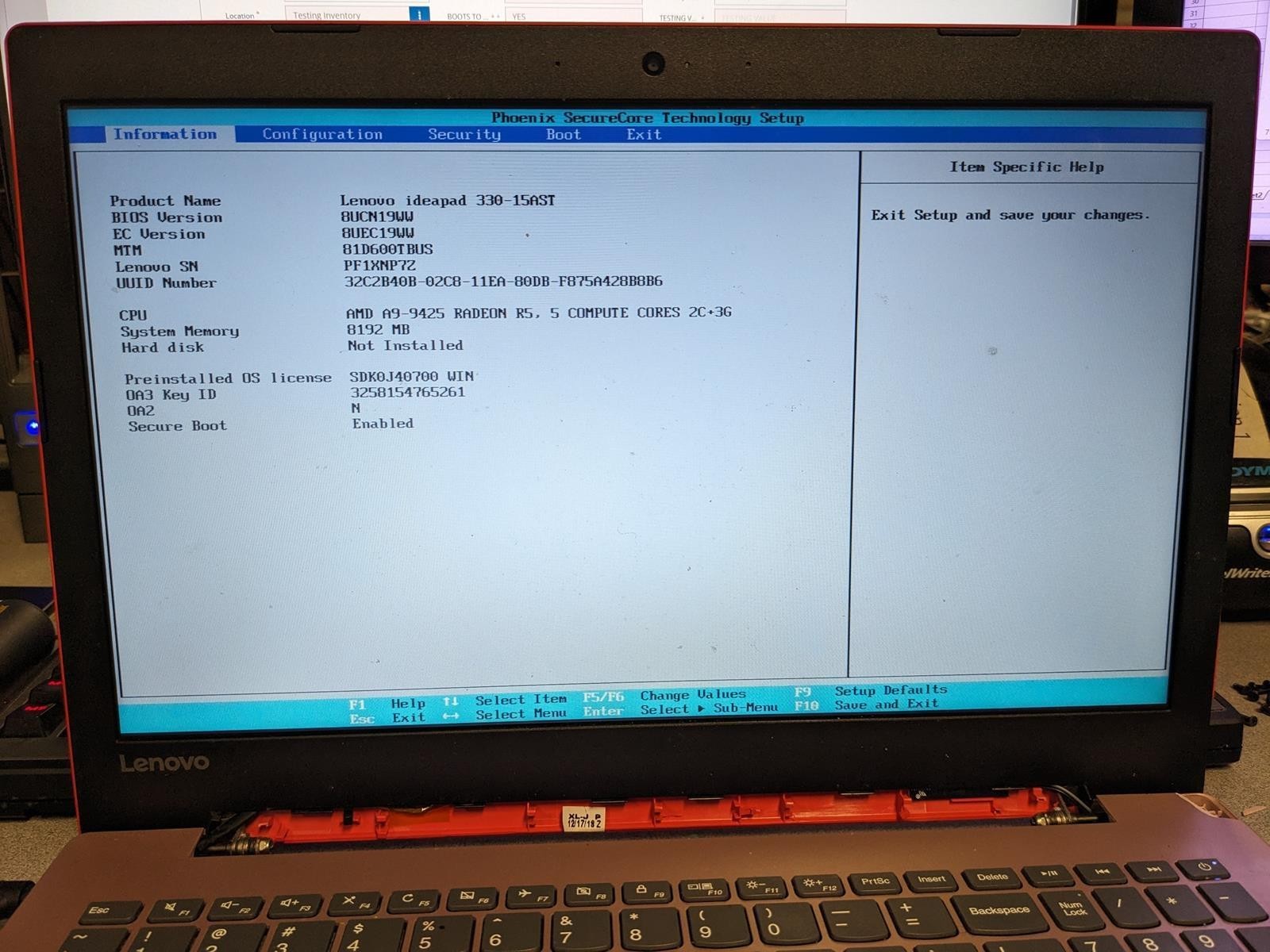 LENOVO IDEAPAD 330-15AST A9-9425 @ 3.1 GHz, 8 GB RAM, NO HDD/OS