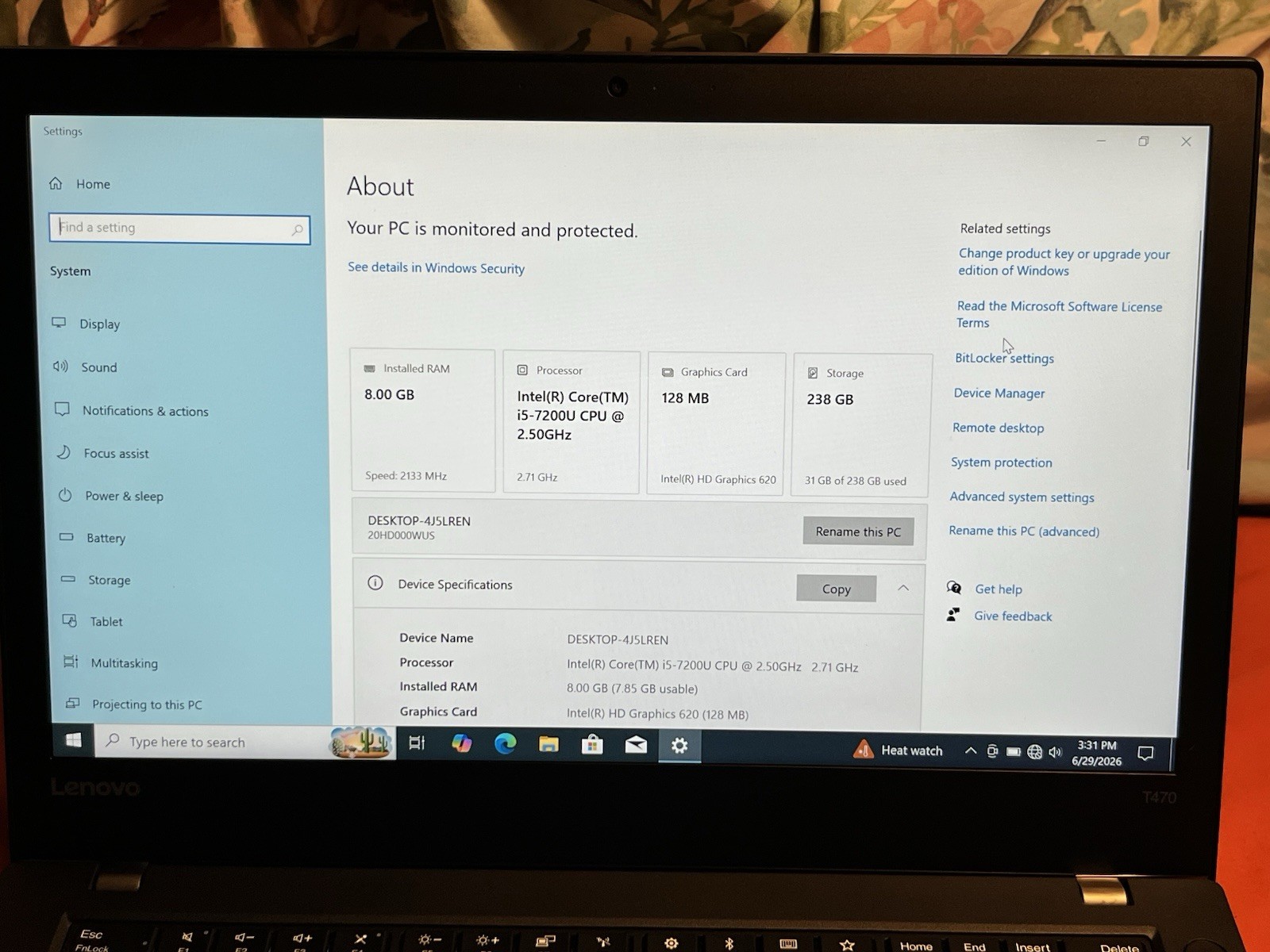 Lenovo ThinkPad T470 14″ i5-7200U 2.50GHz 8GB 238GB SSD Win 10 Pro