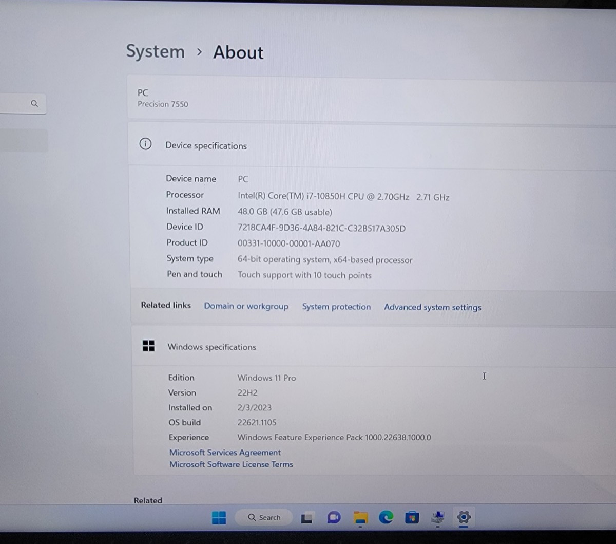 Dell Precision 7550 15.6″ Laptop i7-10850H Quadro T2000 RAM 48GB 1TB SSD W11PRO