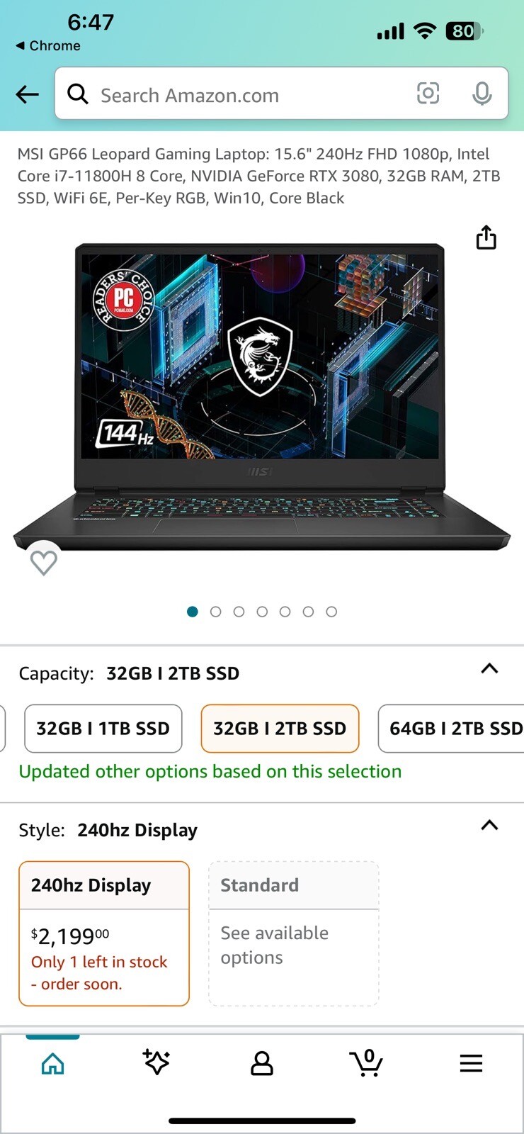 MSI GP66 Leopard 15.6”, 2TB, Intel Core i7-11th Gen, 2.30GHz, 32GB, 3080, 144hz.