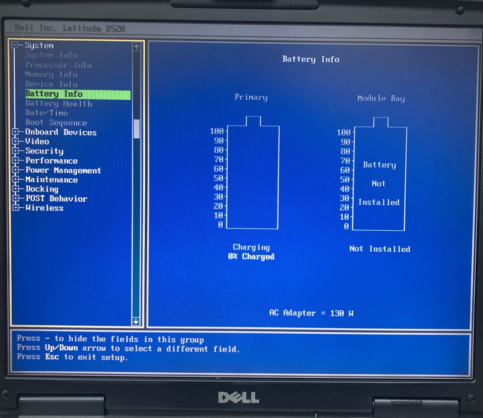 Dell Latitue D520 Intel Core Duo 1.66 GHz 1GB RAM NO HDD/OS Boot to BIOS
