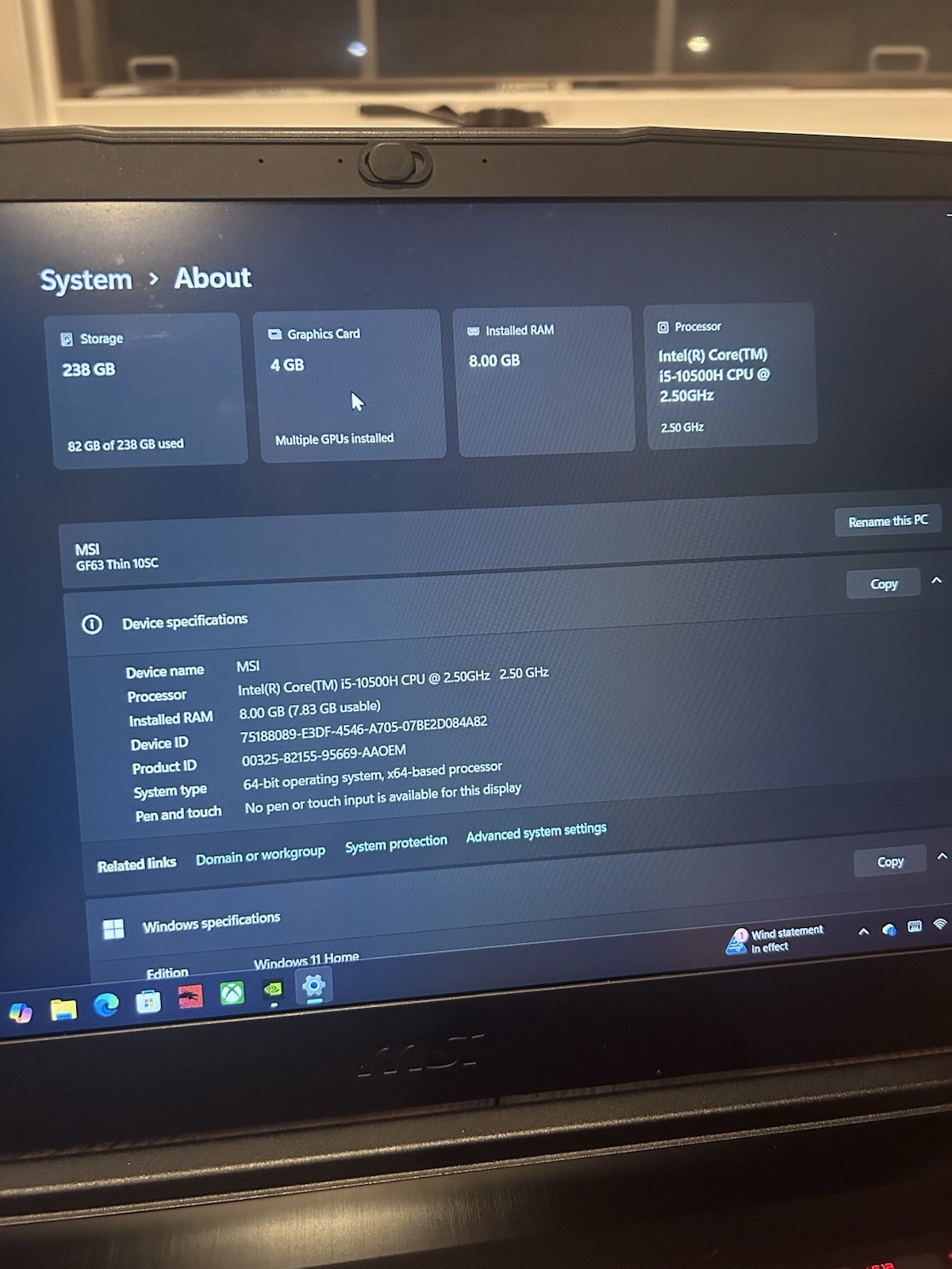 MSI GF63 Thin 10SC 15.6″ i5-10500H 8GB 238GB SSD Win 11 GTX1650