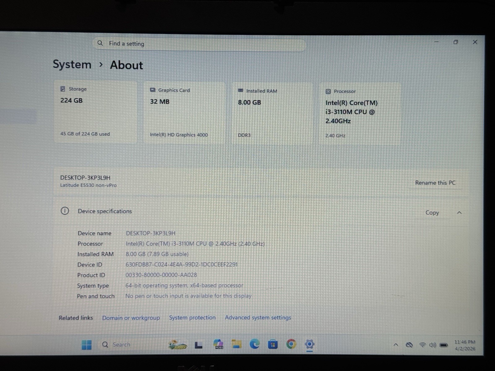 Dell Latitude E5530 Laptop Intel i3-3110M 2.4GHz 8gb RAM 240gb SSD Windows 11