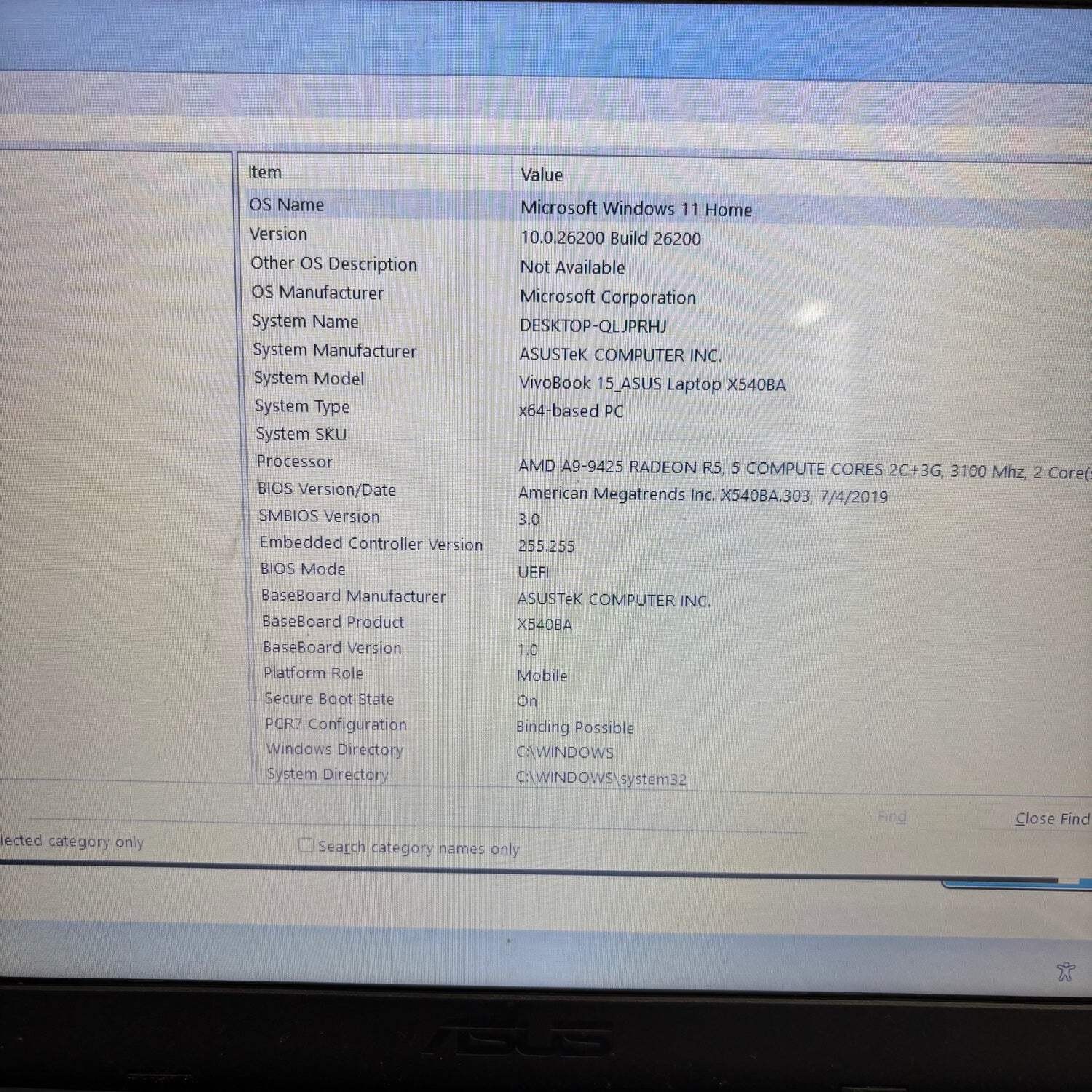 Broken Asus Vivobook 15 X540BA 15.6″ A9-9400 3.0GHz 8GB RAM 1TB HDD Bad Bat