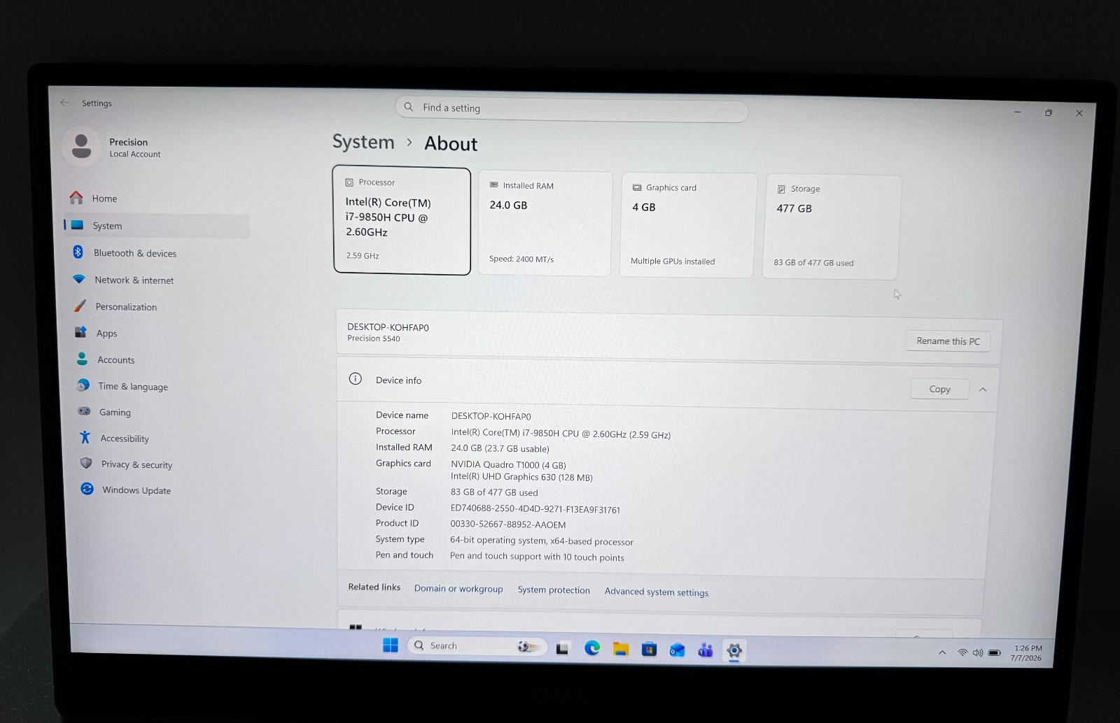 Dell Precision 5540 15.6 4K Touch Laptop i7-9850H 24GB 512GB Nvidia T1000 Win 11