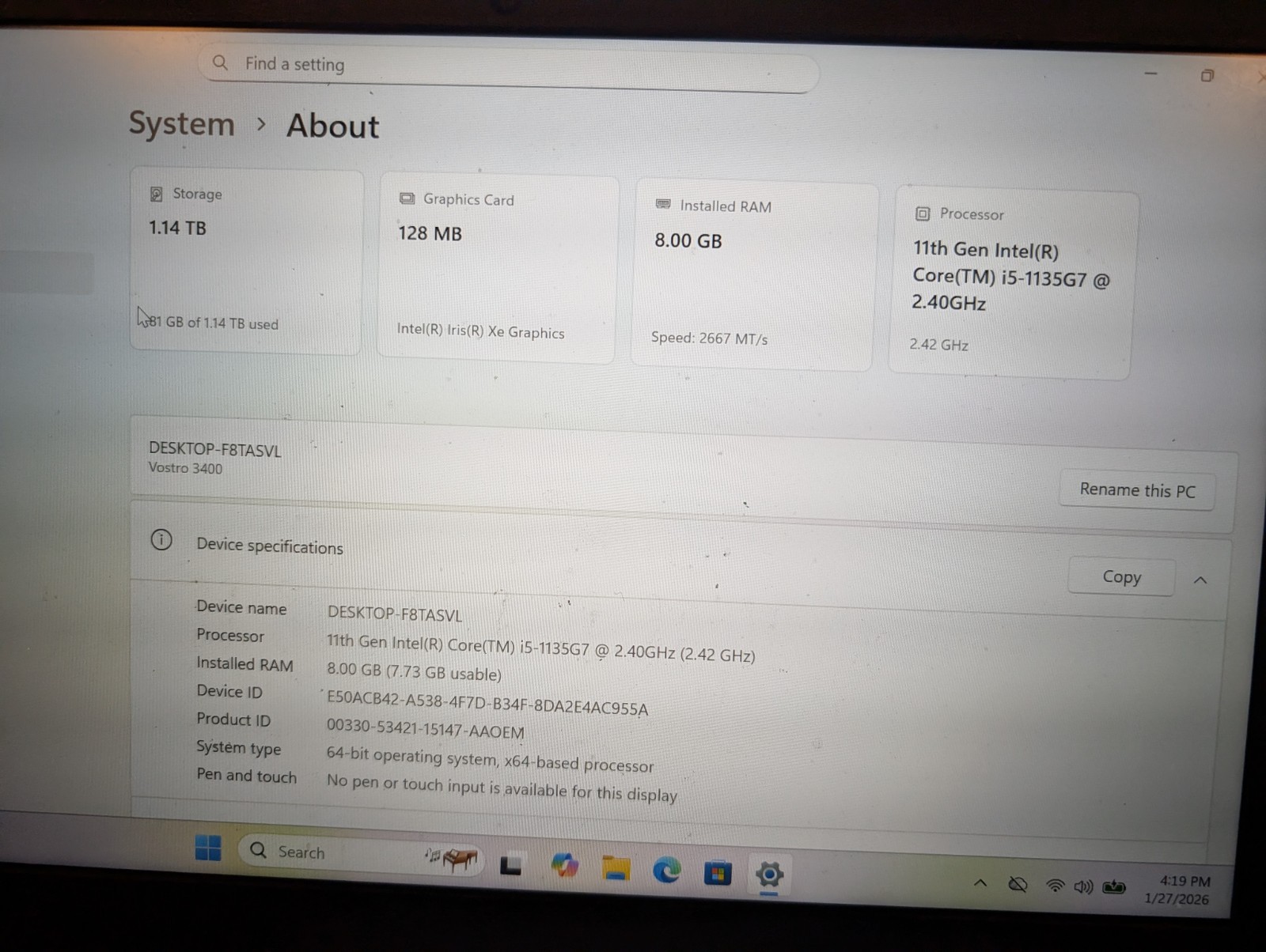 Dell Vostro 14 3400 14″ , 1TB HDD+256GB SSD, Intel Core i5-1135G7, 8GB RAM