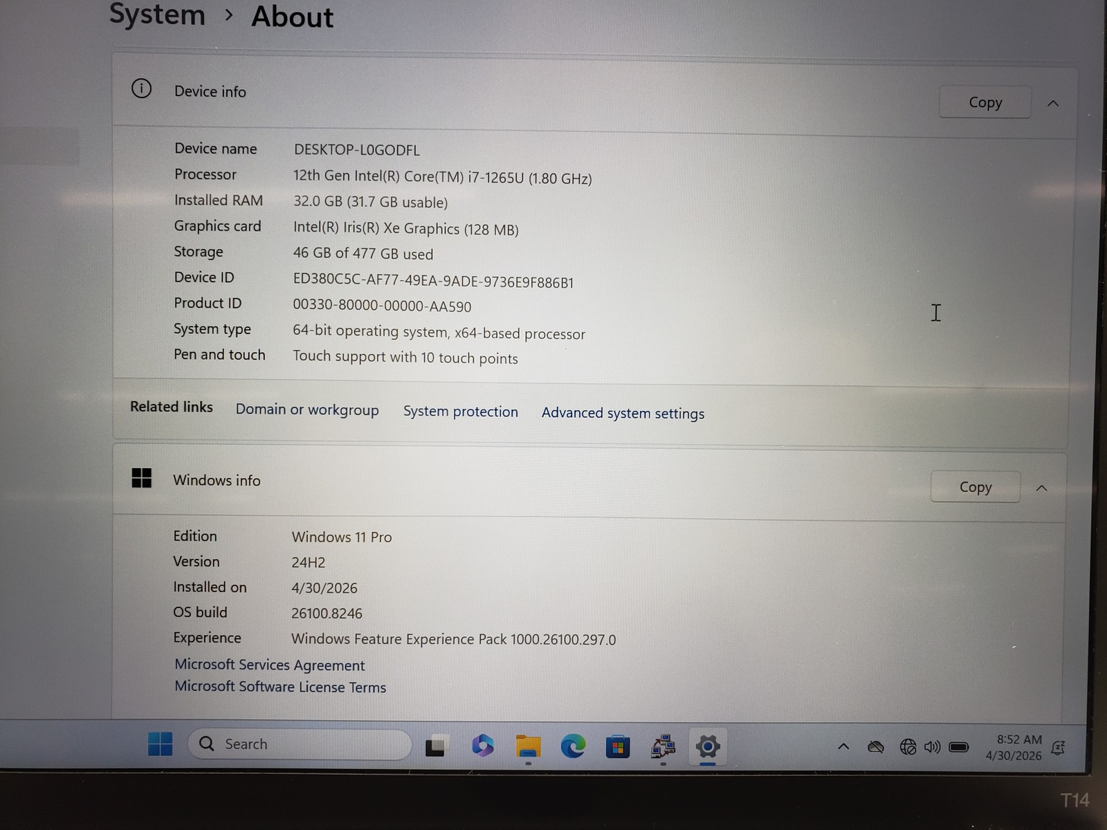Lenovo T14 Gen 3 i7-1265U 32GB Ram Touchscreen 512GB SSD Backlit KB Win 11 Pro
