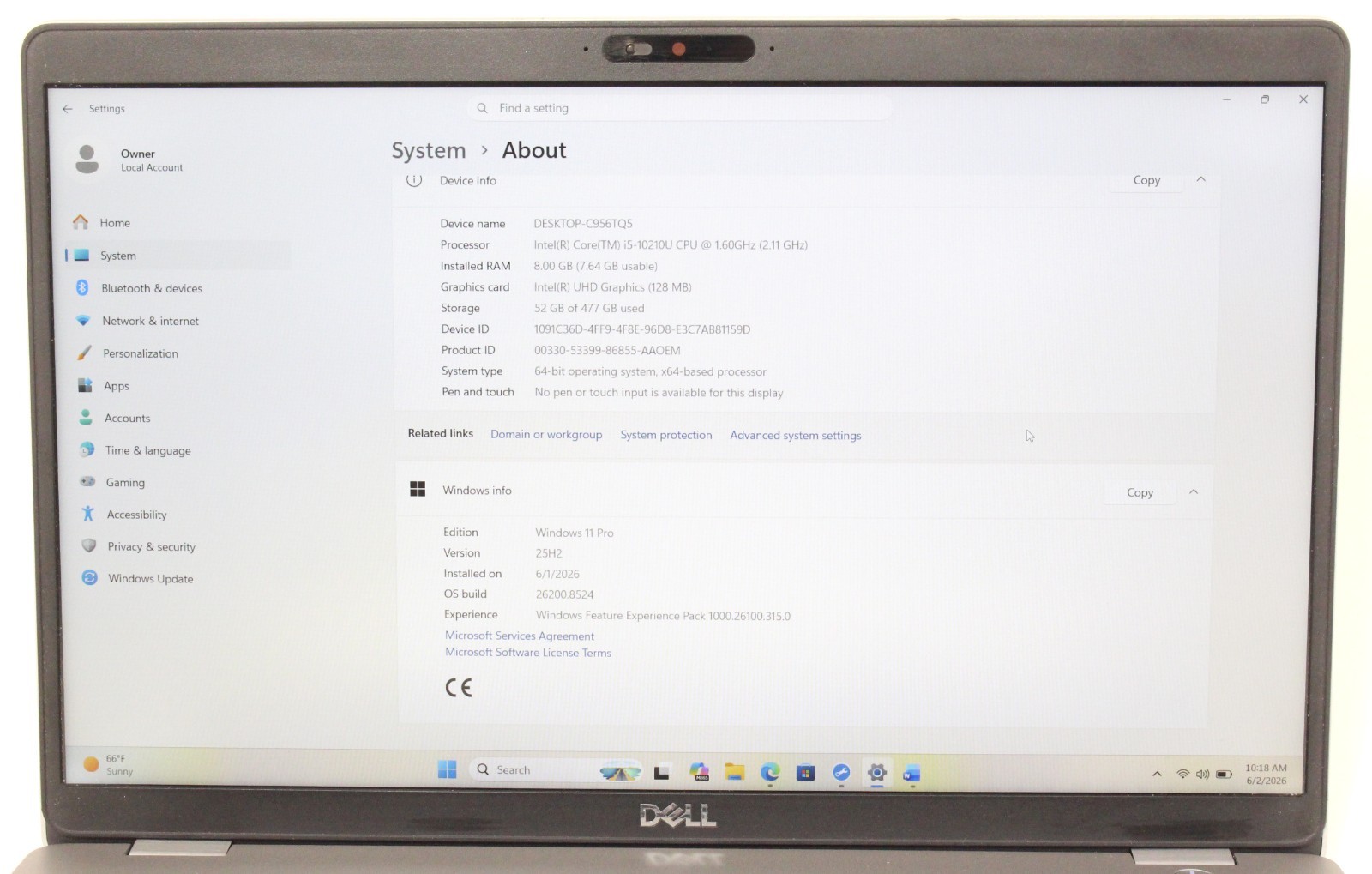 Dell Latitude 5510 15.6″ 1.6GHz i5-10210U 512GB SSD 8GB RAM Win 11 Pro ; 6181973