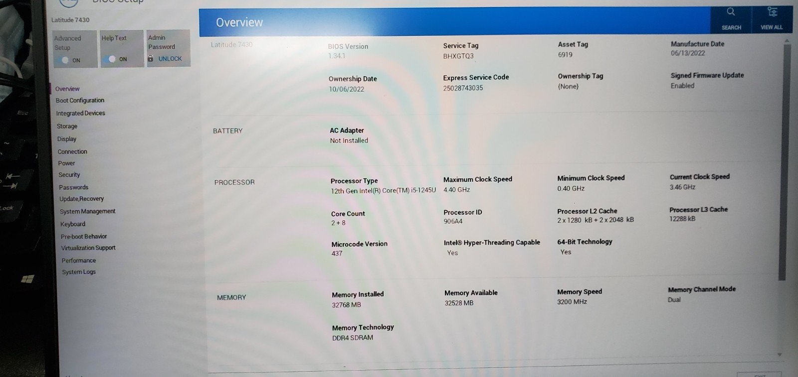 Dell Latitude 7430 Laptop i5-12th Gen 1.80 GHz 32GB RAM No SSD/BAT/AC/BIOs Lock