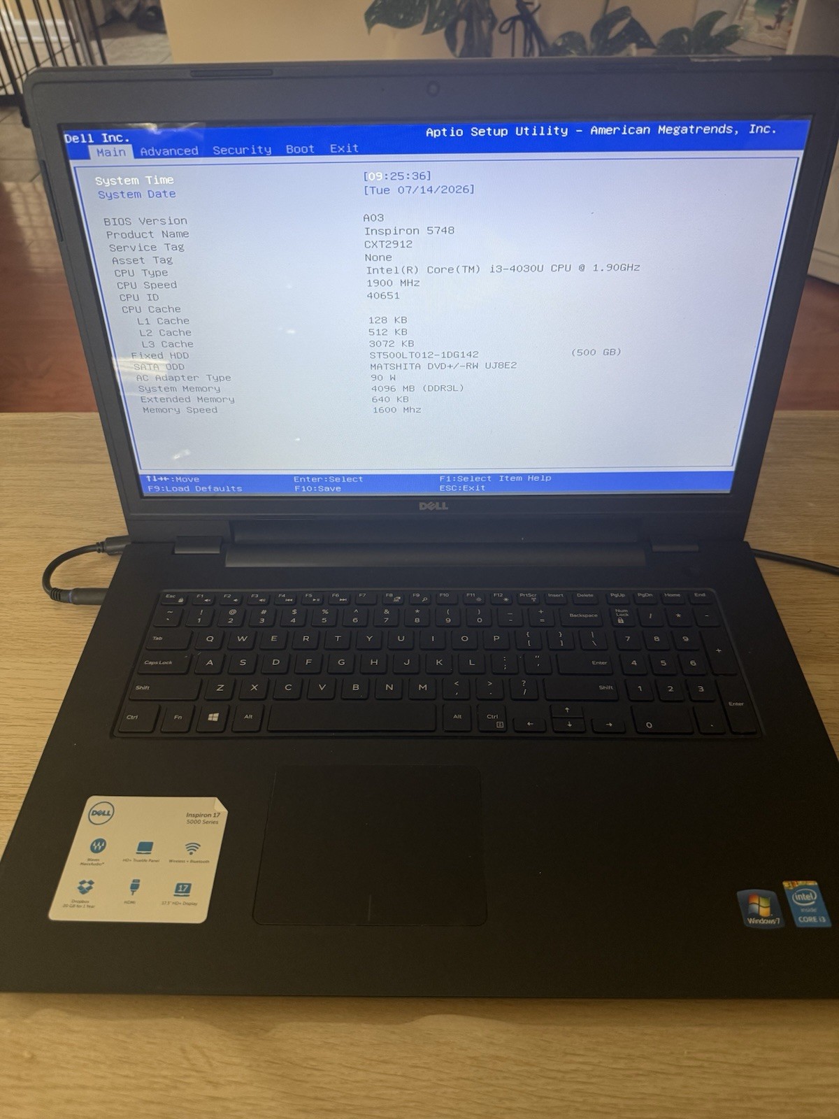 Dell Inspiron 5748 Core i3-4030U 1.90GHz 4GB , 500GB HDD Windows 7