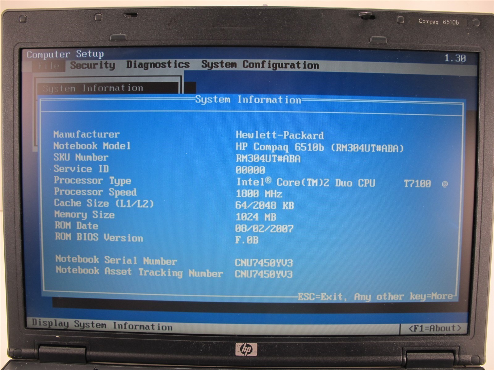 HP Compaq 6510B Laptop Core 2 Duo T7100 1.8GHz No HDD No OS