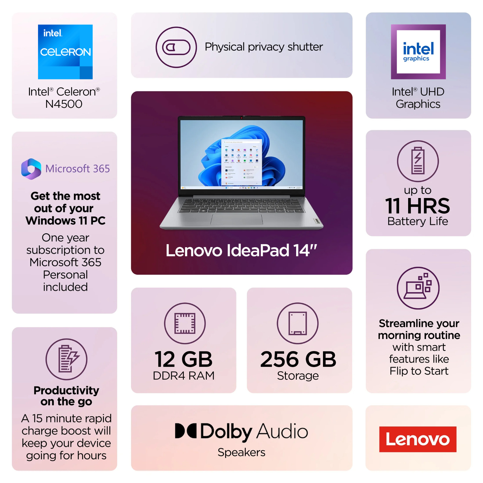Lenovo IdeaPad Laptop 14″ Slim Intel Dual-Core CPU, 12GB RAM & 256GB Storage