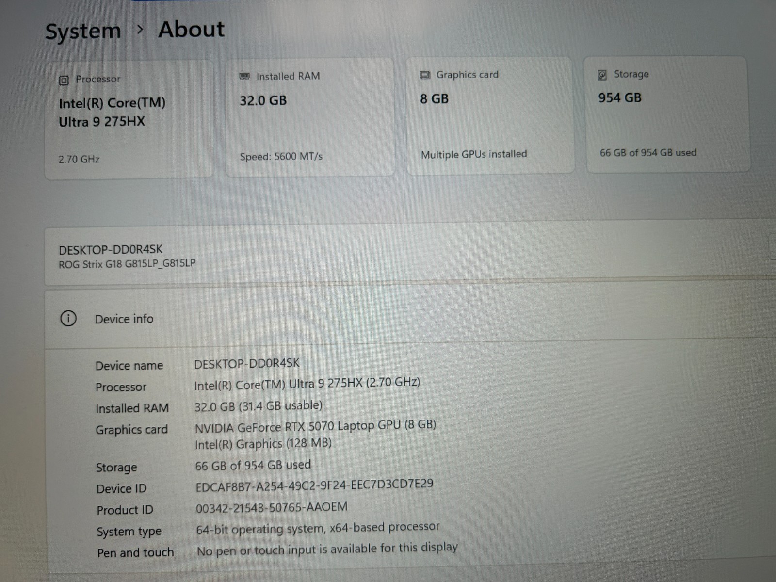 ASUS ROG STRIX G, Intel CORE Ultra 9 275HX, 2.70 GHz, 32 GB RAM, 1 TB NVMe SSD