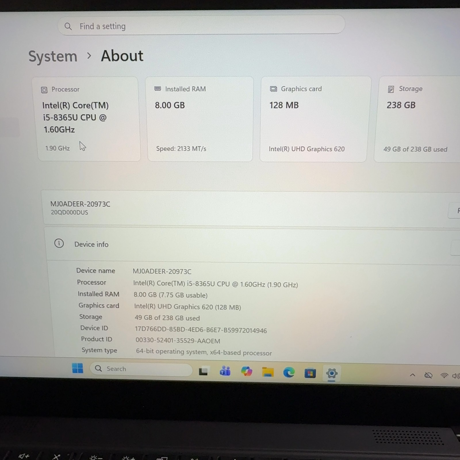 Lenovo ThinkPad X1 Carbon Gen 6 i5-8365U 8GB RAM 238GB SSD Win 11 Pro