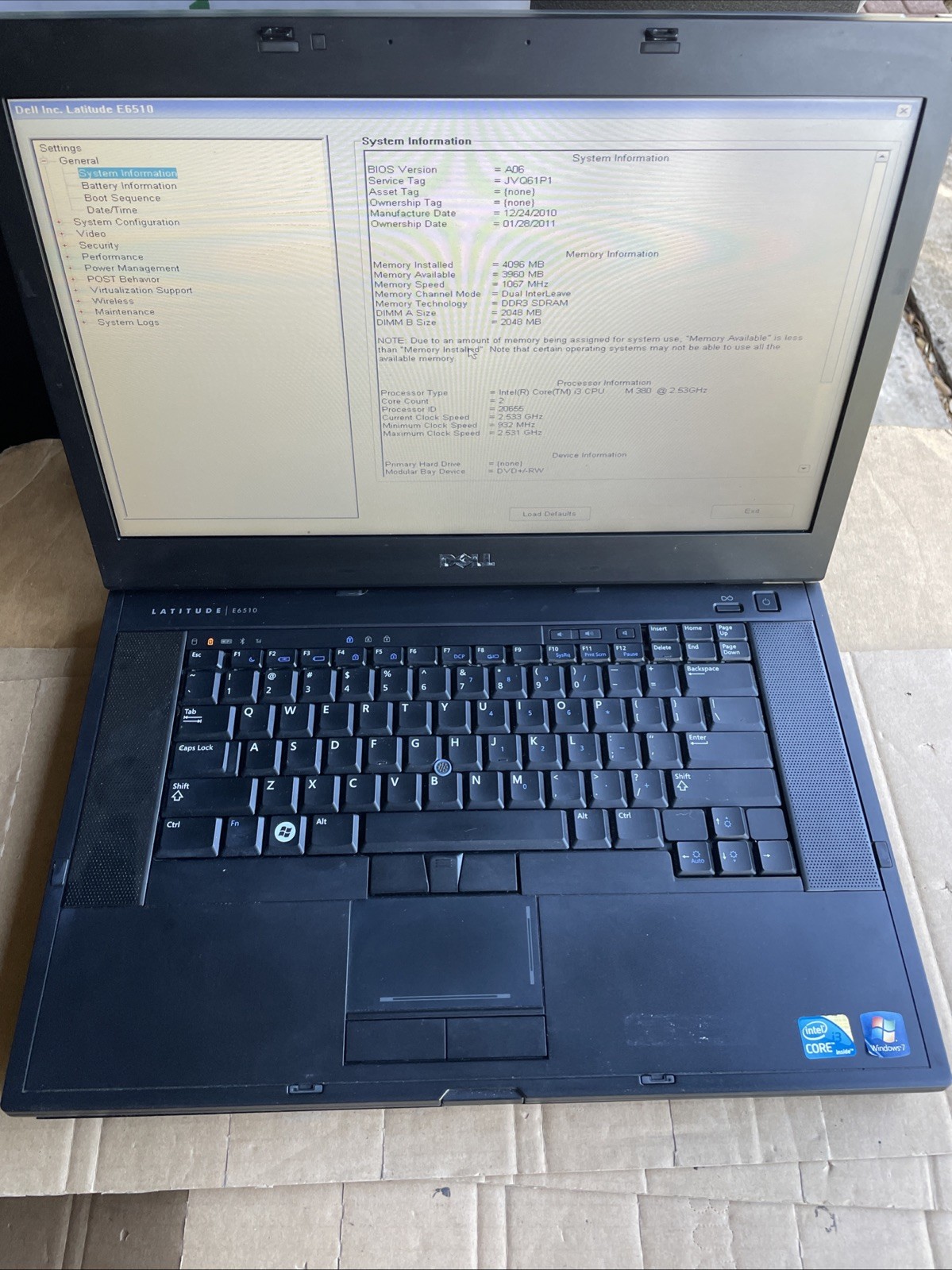 Dell Latitude E6510 i3-M380 2.53Ghz 4GB No HDD No Charger-For Parts