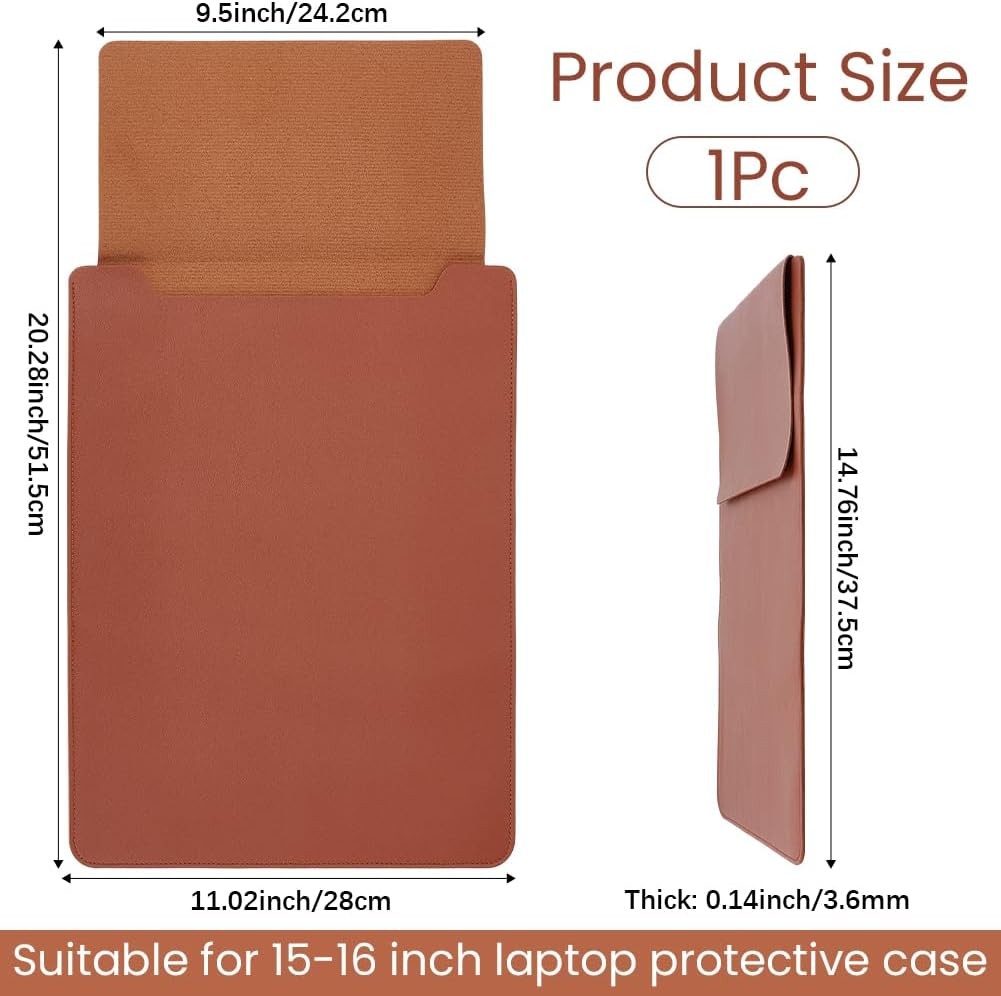 15-16 Inch PU Leather Laptop Sleeve, Saddle Brown | Waterproof Thin Portable Bag