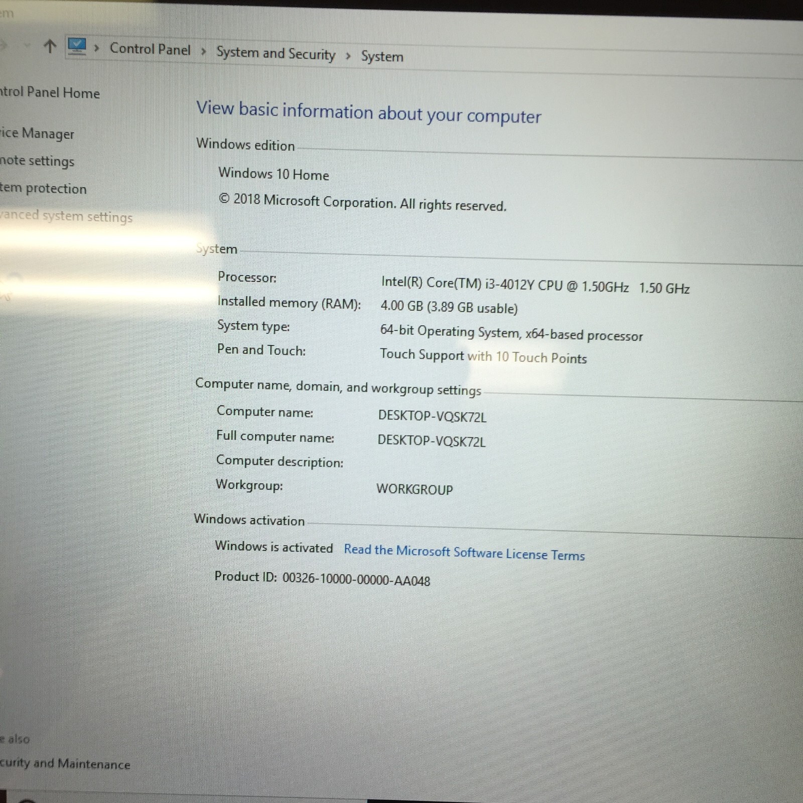LENOVO yoga 2 11 core i3 4th gen 1.50 ghz 12.5” 4GB RAM 440 GN SSD WIN 1O HOME