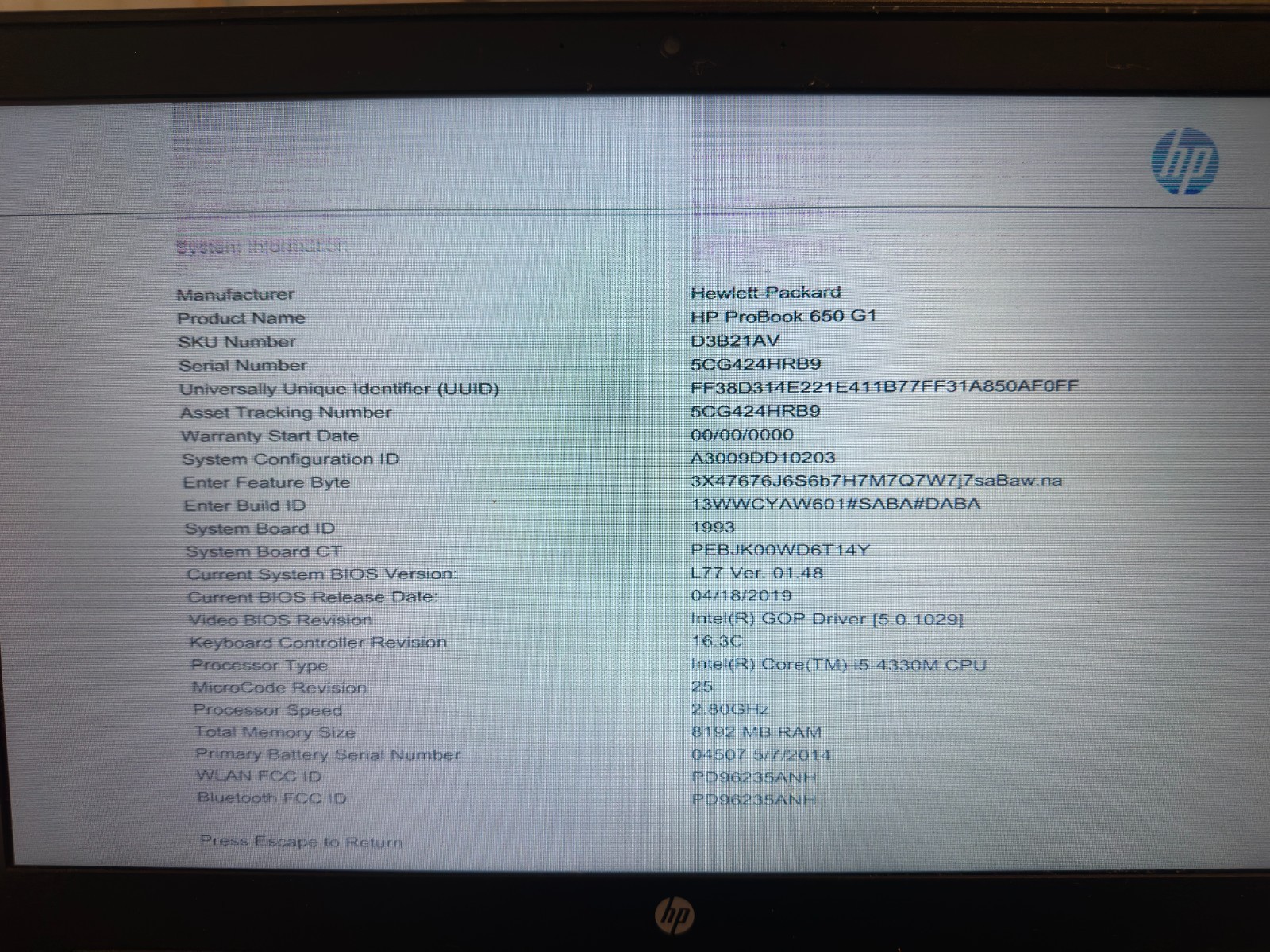 HP ProBook 650 Laptop G1 i5-4330M 2.8Ghz 8GB RAM/No SSD/Bad Batt/Bad Screen READ
