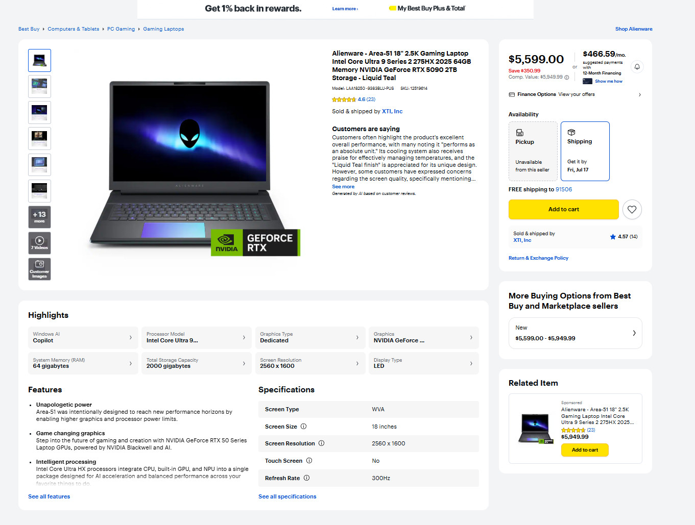 Alienware Area-51 18 18in QHD+ Core Ultra 9 275HX 64GB 2TB RTX 5090 USED GOOD