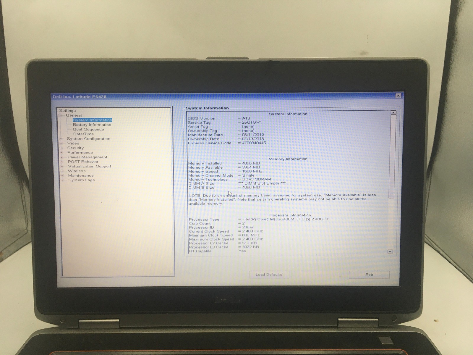 DELL LATITUDE E6420 – BOOTS TO BIOS – INTEL I5 2430M – NO RAM – READ DESC – BB !