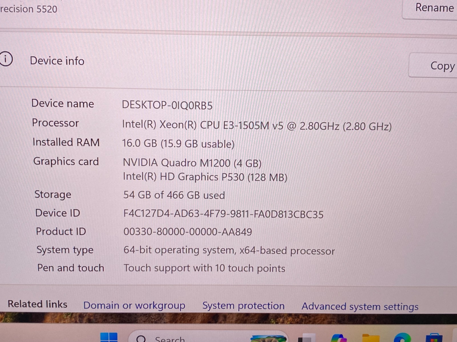 Dell Precision 5520 15.6″ Xeon 4K E3-1505M v5 16GB, 500GB SSD, M1200, Win 11 Pro