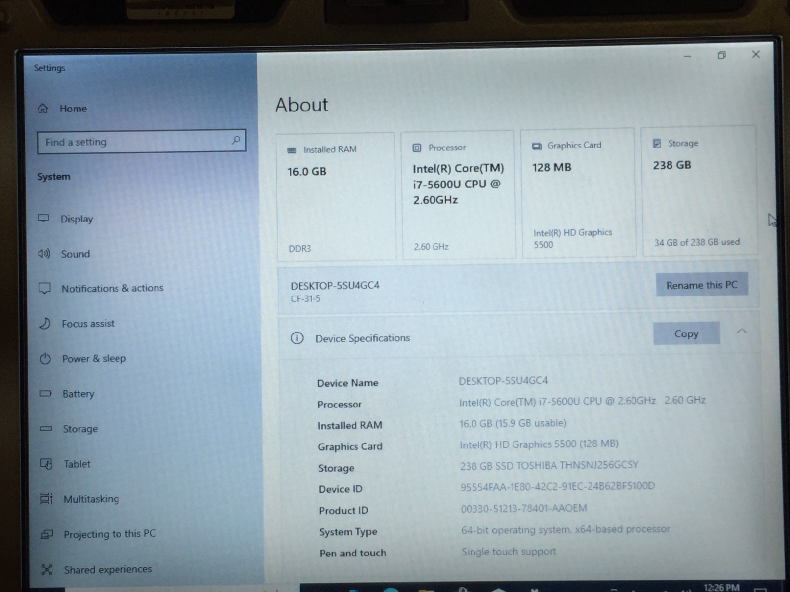 Panasonic Toughbook CF-31 MK5 i7-5600U 16GB RAM 256GB SSD Touch GPS DVD No AC