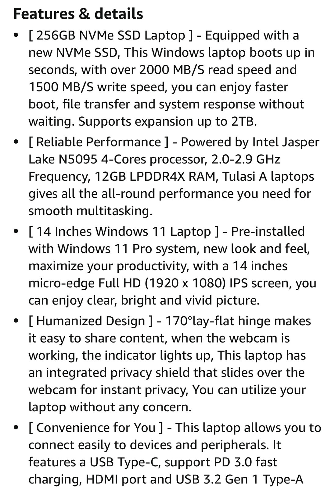 Tulasi Laptop 12GB LPDDR4X RAM 256GB 14” 1080P WIN11 SSD Laptop (READ!)FFF62