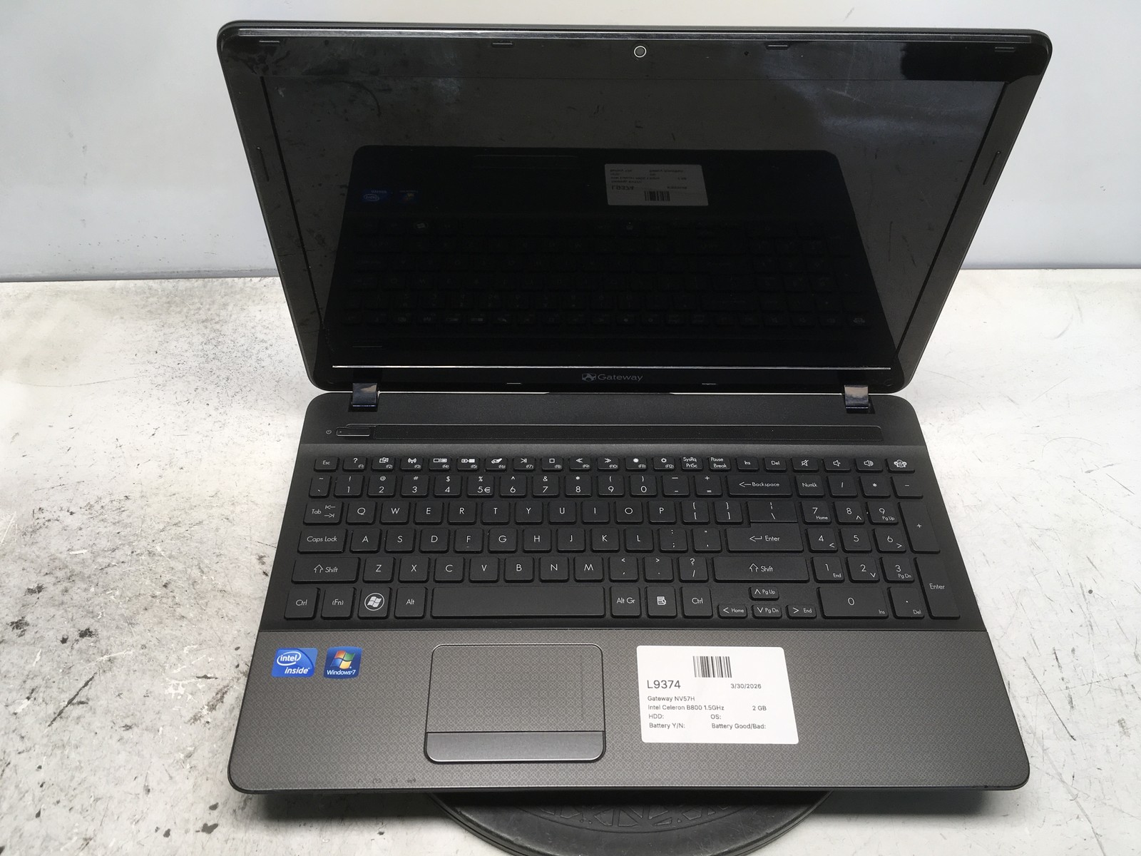 Gateway NV57H Intel Celeron B800 1.5GHz 2 GB NO HDD No Batt