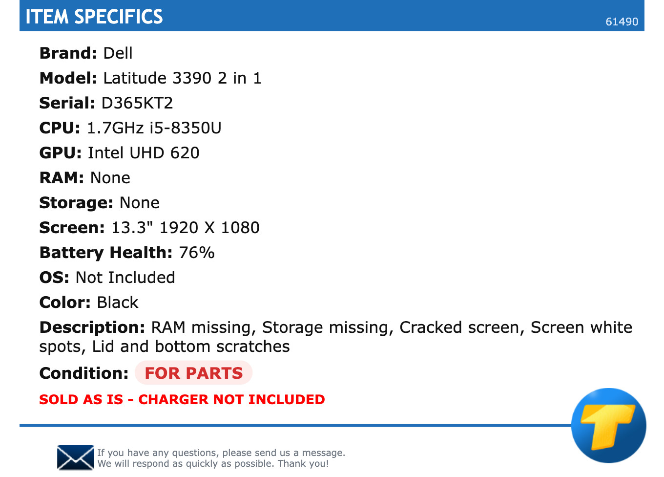 FOR PARTS: Dell Latitude 3390 2 in 1 – 13.3″ FHD, 1.7GHz i5, NO RAM, NO SSD