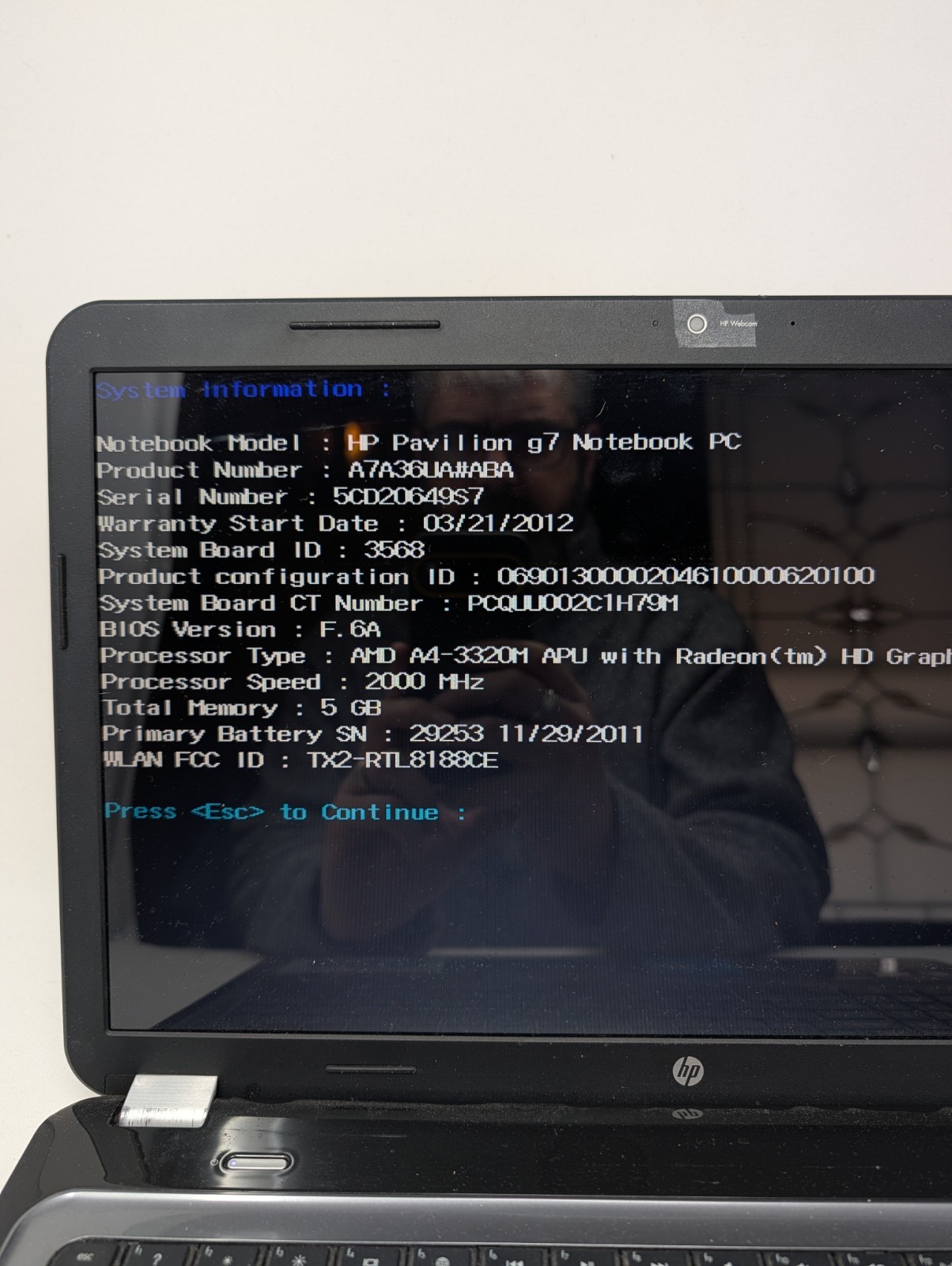 HP Pavilion G7-1312NR Laptop & Charger, AMD A4-3320AM 5GB No HDD Boots To Bios